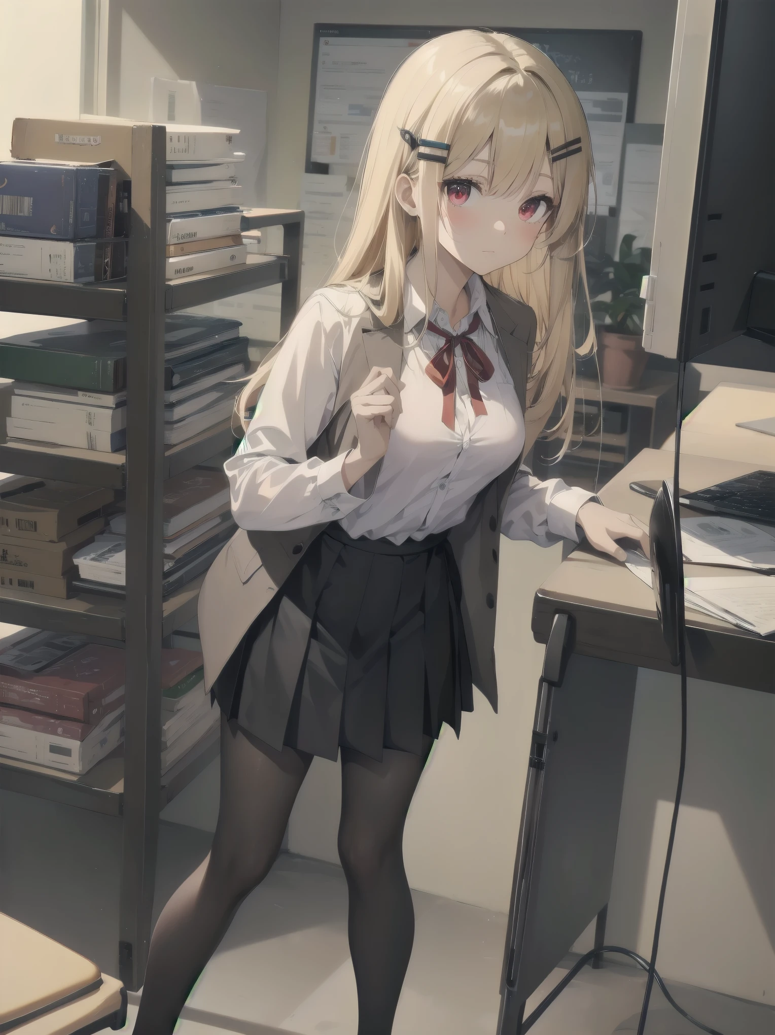 (Masterpiece: 1. 2), (Top quality: 1. 2), Anime girl, One, Blonde hair, Hair clip on right side of forelock, Black cap, Wine red eyes, White female shirt, Brand grey blazer, Small red ribbon across chest, Office clothes, One size larger shirt, Checked priss skirt, Black tights, tights with fine detail, full body, large breasts, front view, alone, bruised and super cute