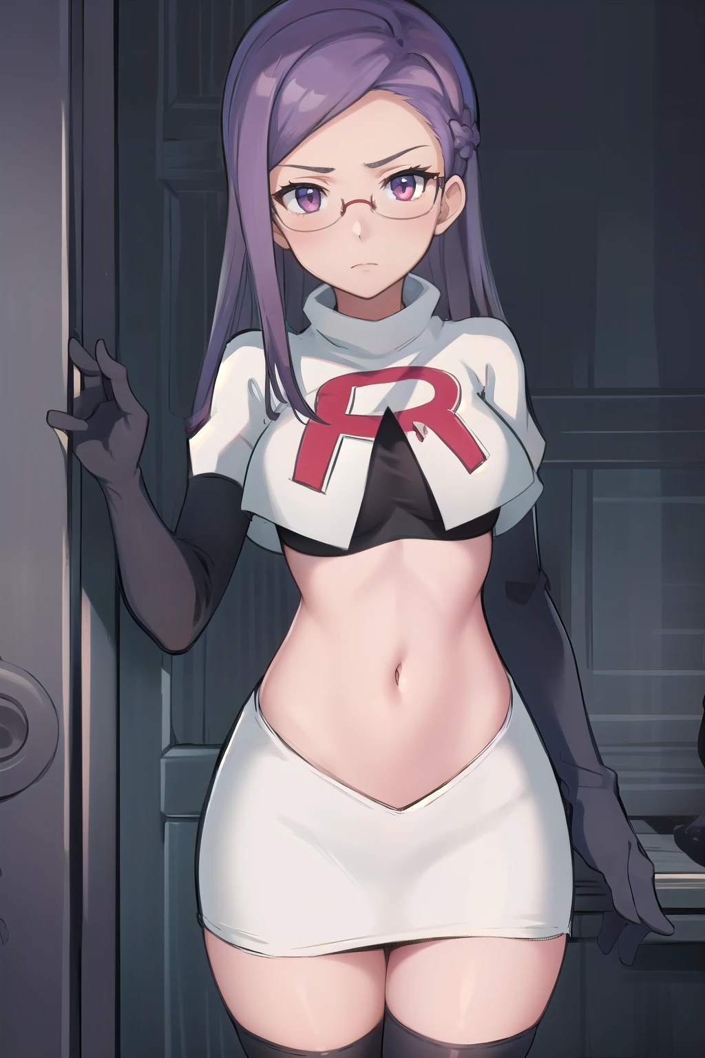 best quality, (masterpiece:1.2), illustration, absurdres, anime,
(1girl, solo), (beautiful detailed girl),
Ada Grant, purple hair, long hair, medium breasts,
glasses, team rocket,team rocket uniform, red letter R, white skirt,white crop top,black thigh-highs,black elbow gloves
 (looking at viewer)