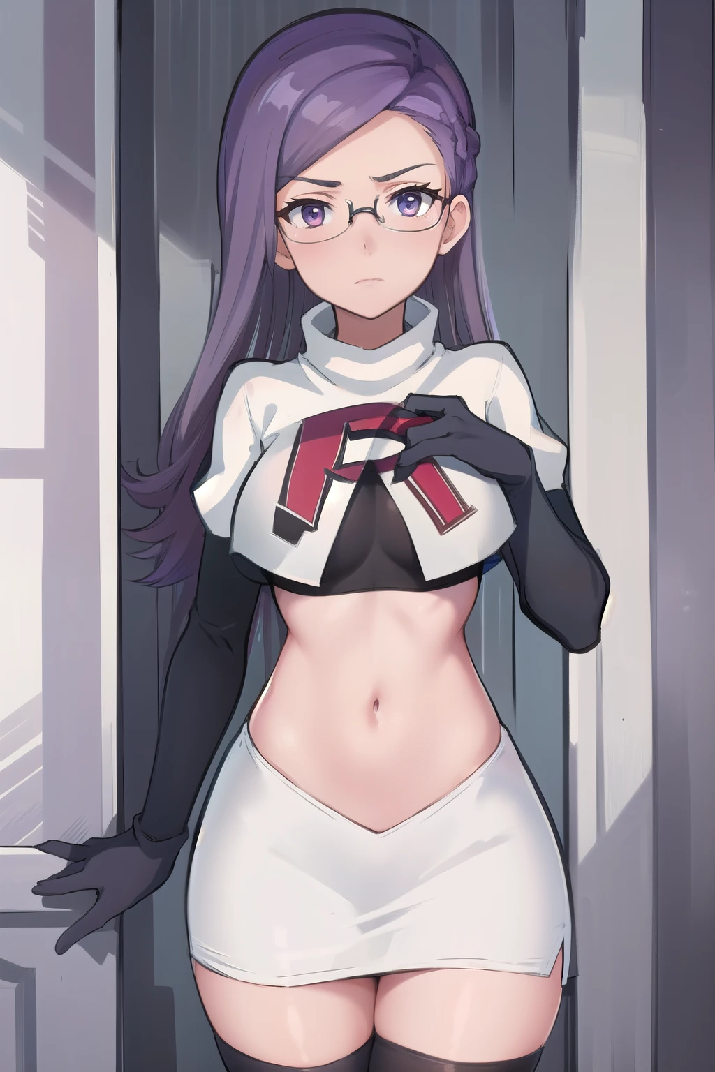 best quality, (masterpiece:1.2), illustration, absurdres, anime,
(1girl, solo), (beautiful detailed girl),
Ada Grant, purple hair, long hair, medium breasts,
glasses, team rocket,team rocket uniform, red letter R, white skirt,white crop top,black thigh-highs,black elbow gloves
 (looking at viewer)