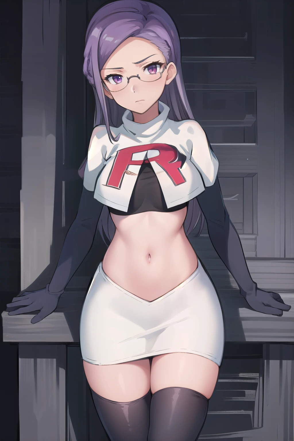 best quality, (masterpiece:1.2), illustration, absurdres, anime,
(1girl, solo), (beautiful detailed girl),
Ada Grant, purple hair, long hair, medium breasts,
glasses, team rocket,team rocket uniform, red letter R, white skirt,white crop top,black thigh-highs,black elbow gloves
 (looking at viewer)