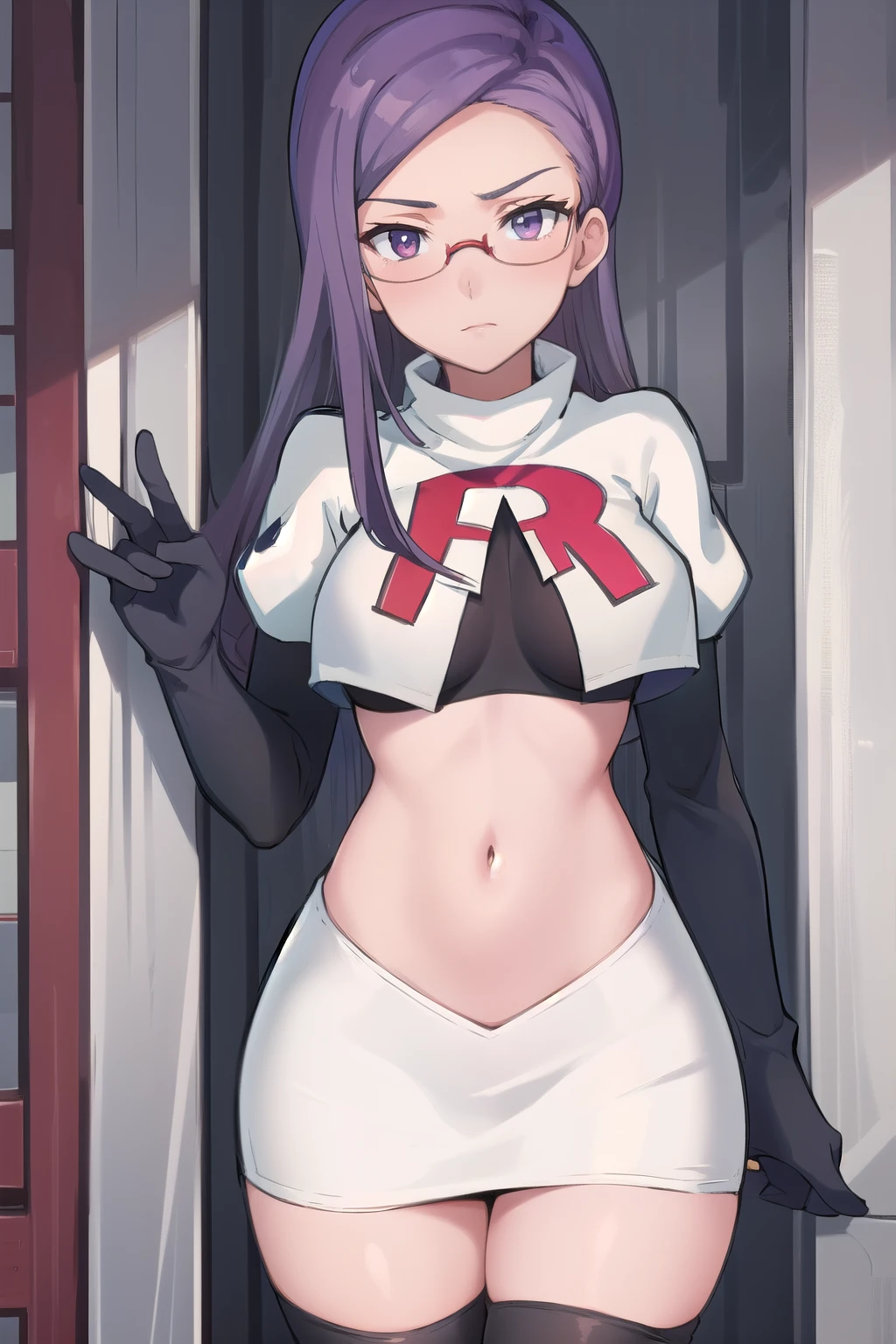 best quality, (masterpiece:1.2), illustration, absurdres, anime,
(1girl, solo), (beautiful detailed girl),
Ada Grant, purple hair, long hair, medium breasts,
glasses, team rocket,team rocket uniform, red letter R, white skirt,white crop top,black thigh-highs,black elbow gloves
 (looking at viewer)