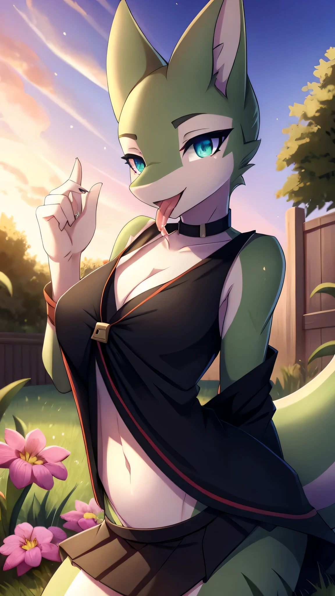 By zinfyuu on pixiv,by twistedscarlet60, uploaded on pixiv, by fluff-kevlar, (masterpiece), (best quality), (anthro furry:1.3, snout:1.2, anthro:1.3, furry:1.2, solo female:1.2), (extremely detailed:1.3), (Detailed eye part: White lens, green iris,black cornea), sfw, view on viewer, Slim body, green body, sweet smile, bald, snake body,snake face, snake tail, at garden,open mouth, tongue out, saliva, snake tongue , small thing,wearing black tshirt and black long skirt