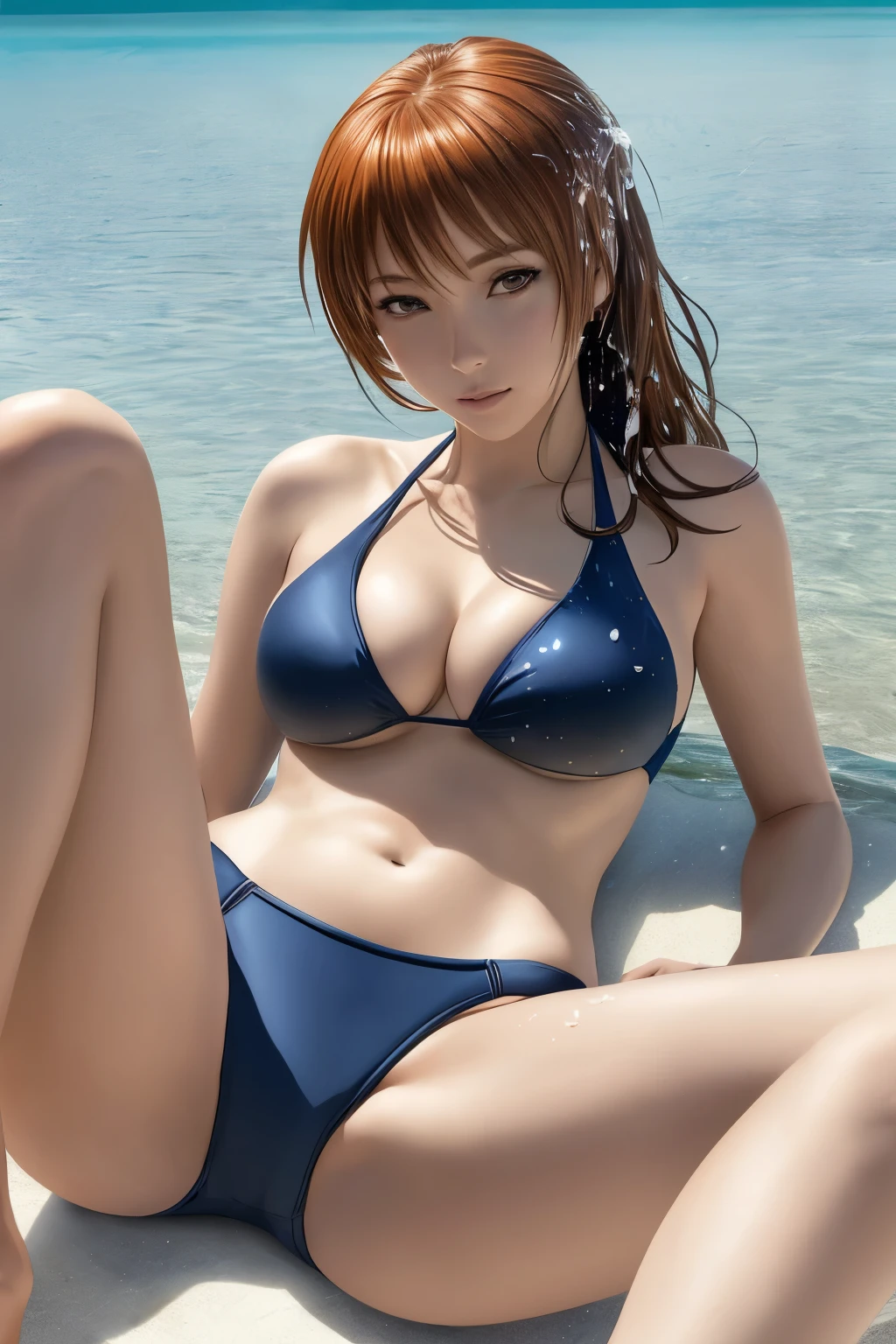 a Woman in swimsuit lying on her back, Seductive anime girls, Wallpaper anime Blue Water, Realistic bikini, Splash Art, Swimsuit, Beautiful Attractive Anime Woman, 4K Digital Art, lascivious, High-Definition, Open your legs wide,