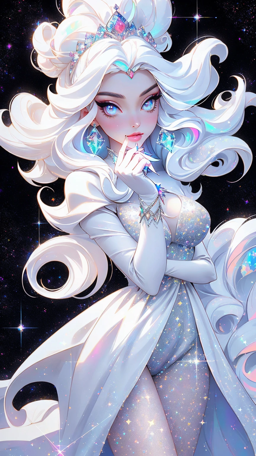 {-erro_de_anatomia:1.0} masterpiece, highest quality, (perfect face:1.1, (high detail)1.1, sweet stardust vampire , long soft white hair, opal eyes, perfectly drawn face, black dress, stars detailed background, prismatic lighting, glitter, whole bod., Very sexy, walking, holding a crystal star in her hands,