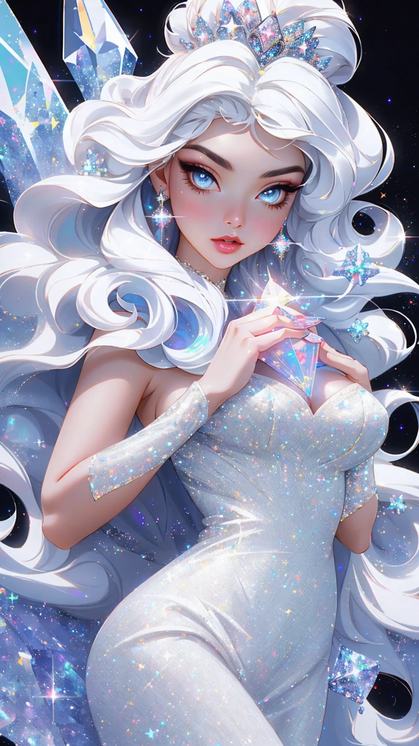 {-erro_de_anatomia:1.0} masterpiece, highest quality, (perfect face:1.1, (high detail)1.1, sweet stardust vampire , long soft white hair, opal eyes, perfectly drawn face, black dress, stars detailed background, prismatic lighting, glitter, whole bod., Very sexy, walking, holding a crystal star in her hands,
