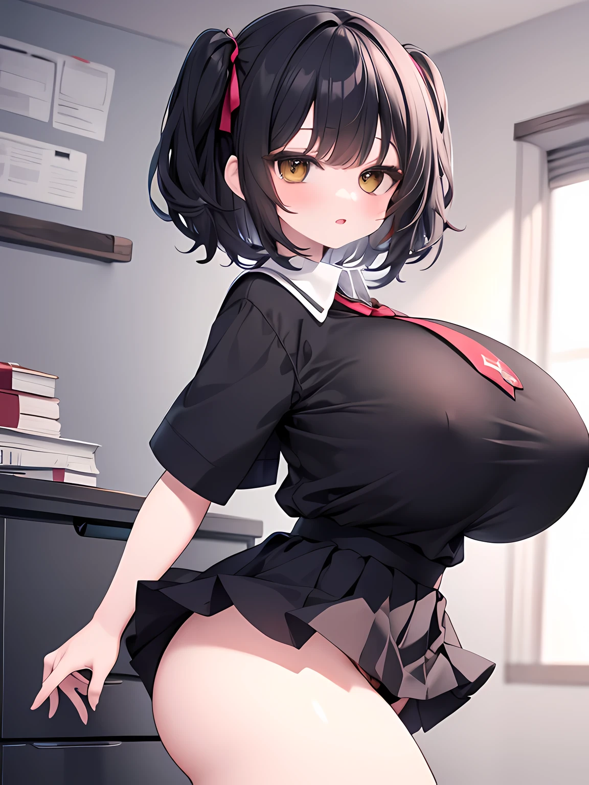 masterpiece,highest quality,(Super detailed),written boundary depth,perfect sentence, Detailed CG,Super detailed,(highly detailed eyes,very cute face,highly detailed face:1.3),beautiful anime girl,(solo girl),(super huge breasts:1.9),(black hair,short hair,2 sides up:1.7),(big yellow eyes:1.5),(low length),jitome,(smile full of joy),open your mouth,break,(university uniform,white collared shirt),red tie,micro mini skirt,black pleated skirt,classroom,(dynamic pose),lift up the skirt yourself,show off panties,cowboy shot,(angle from the side)