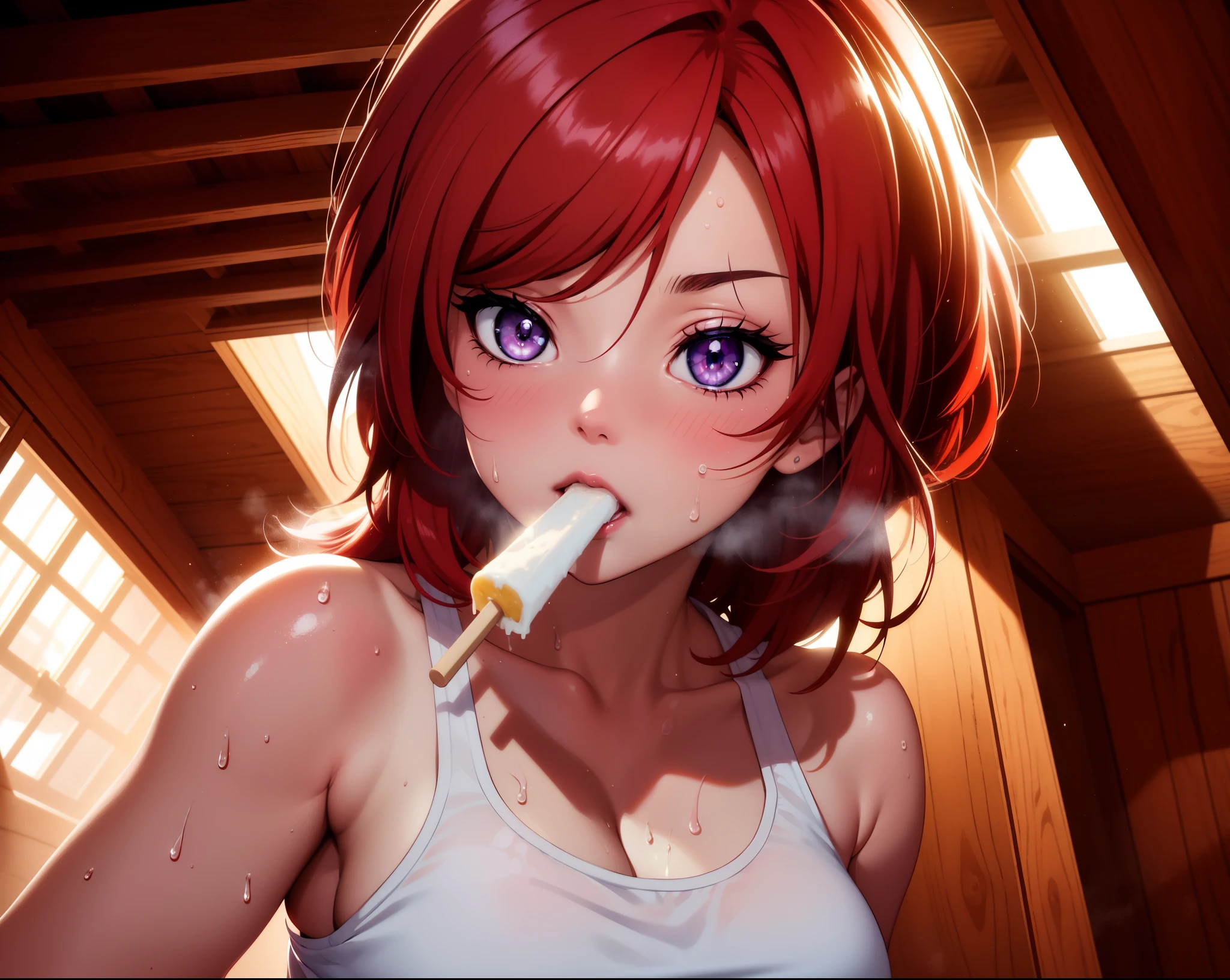 (Masterpiece, Best Quality, High Quality), volumetric lighting, illustration, beautiful , Blushing, tank top, seductive, perfect lighting, perfect shadows, nishikino maki, purple eyes,red hair, moist skin,heavy breathing , white background , looking at viewer , popsicle in mouth, (sweating:1.1)