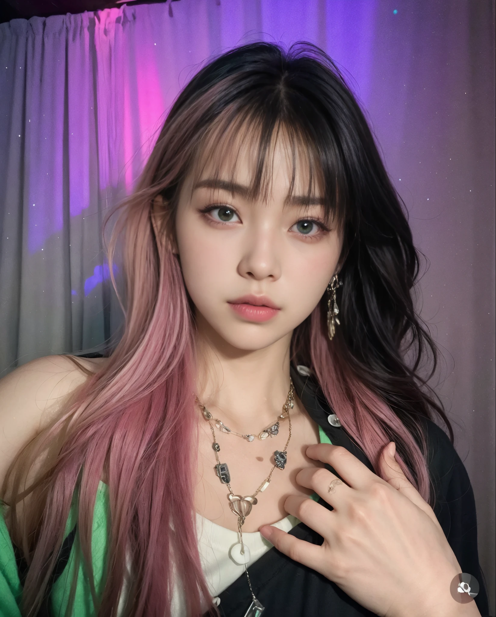 araffe girl with pink hair and green eyes posing for a picture, cruel korean goth girl, two color hair, portrait of jossi of blackpink, ulzzang, goth girl aesthetic, pastel goth aesthetic, lalisa manoban of blackpink, with pink hair, with full bangs, inspired by Yanjun Cheng, two tone hair dye, jossi of blackpink