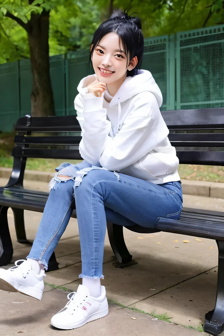 A neat and beautiful woman sitting on a park bench、black hair、hoodie、ear piercing、skinny denim、sneakers、wear socks、smile。、beautiful teeth、full body photo、