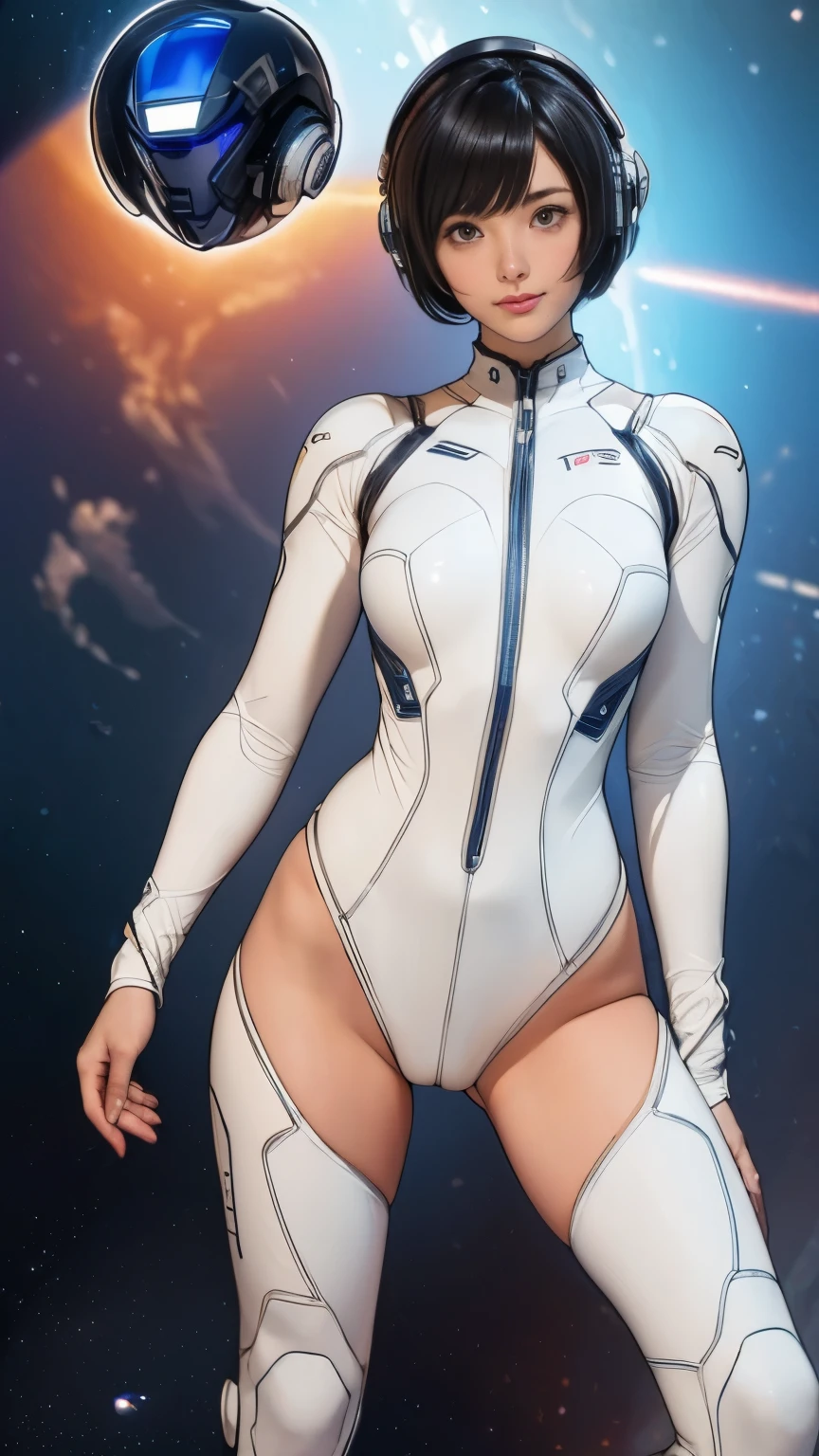 (masterpiece、highest quality、highest resolution、clear_image、Detailed details): (full body figure、 girl、Japanese face、small face、thin、navy blue super short bob cut hair、blue colored eyes、((navy long sleeve space suit、space helmet))、headset、cosmic handbag、cute type、gentle smile、soft expression、headset、(((knee high boots)))、gloves up to the elbow、eye level shot、face directly、woman on a spaceship), (((camel toe))), ((Pure white leotard))