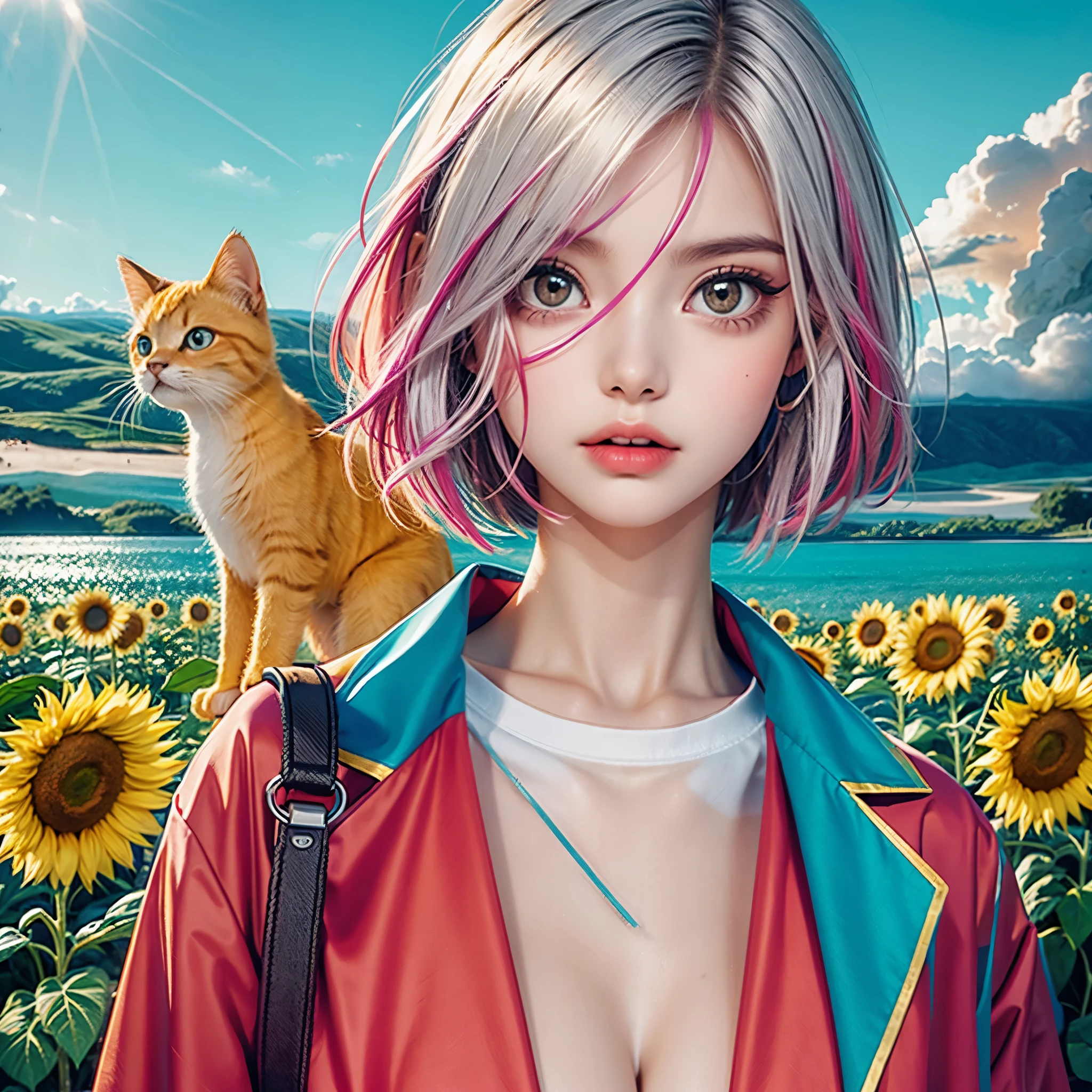 a girl, adolescente, com olhos amarelos, cabelos brancos, pele clara, corte nos ombros, vestindo um sobretudo amarelo, camisa preta sem estampa toda camisa preta, black pants without print, Shoulder straps all black, in the background a beautiful field of sunflowers , blue skies, um gato preto, estilo de capa de quadrinhos