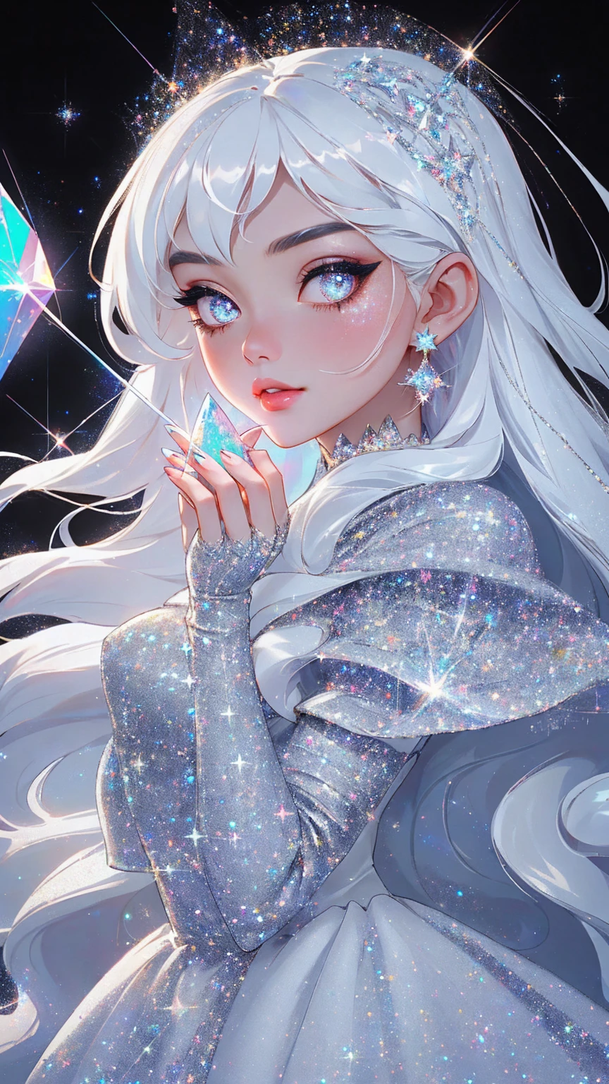 {-erro_de_anatomia:1.0} masterpiece, highest quality, (perfect face:1.1, (high detail)1.1, sweet stardust vampire , long soft white hair, opal eyes, perfectly drawn face, black dress, stars detailed background, prismatic lighting, glitter, whole bod., Very sexy, walking, holding a crystal star in her hands, 