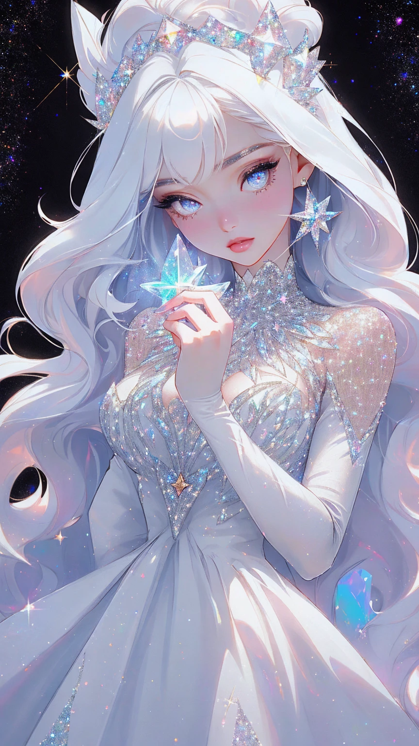 {-erro_de_anatomia:1.0} masterpiece, highest quality, (perfect face:1.1, (high detail)1.1, sweet stardust vampire , long soft white hair, opal eyes, perfectly drawn face, black dress, stars detailed background, prismatic lighting, glitter, whole bod., Very sexy, walking, holding a crystal star in her hands, 