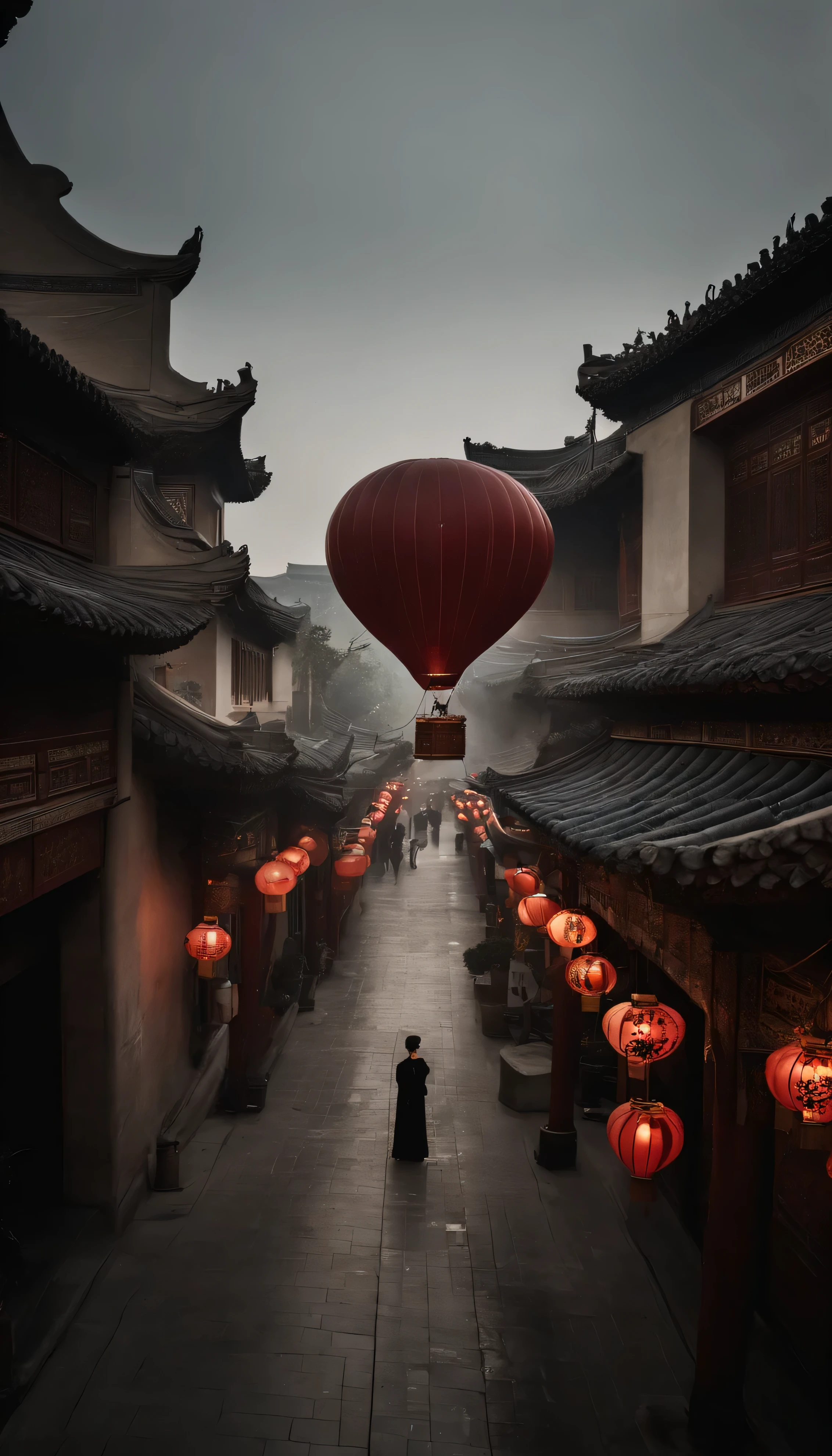 Streets in Beijing, Qing Dynasty, China，The background has，There is a hot air balloon floating at the height of the roof in the close shot，overlooking angle，looking down from above，There is a child sitting in the basket of a hot air balloon