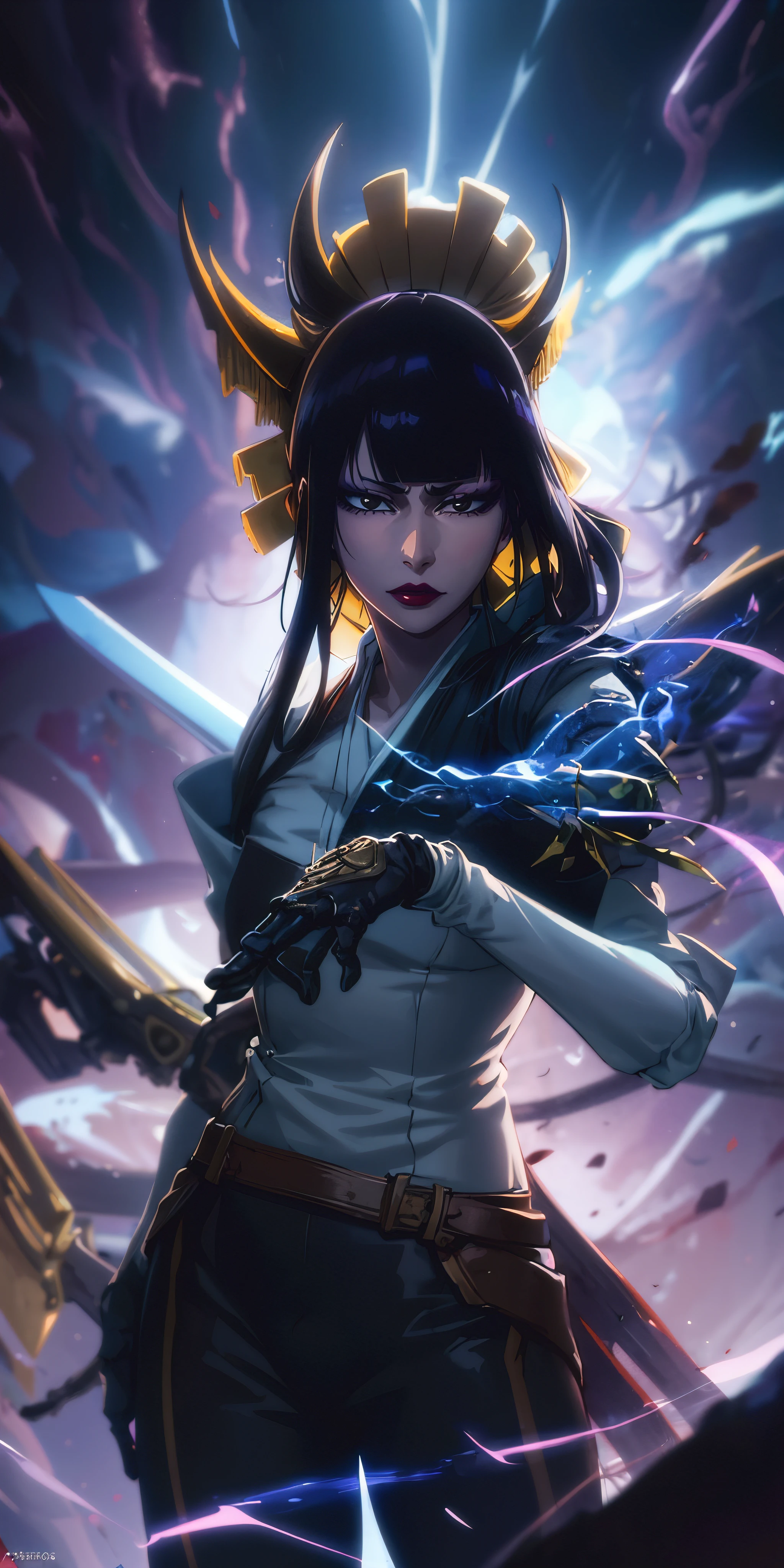 senjumaru shutara, (long hair, bangs, blunt bangs, black hair, sidelocks:1.5), (black eyes:1.5), makeup, lipstick, red lipstick, curvy, anatomically correct, best quality, masterpiece, high quality, high details, highres, HD, 1girl, looking_at_viewer, solo, breasts, weapon, simple background, belt, gloves, holding, standing, pants, fog, electricity, sword, steaming body, "glow effects, godrays, Hand drawn, render, 8k, octane render, cinema 4d, blender, dark, atmospheric 4k ultra detailed, cinematic, Sharp focus, big depth of field, Masterpiece, colors, 3d octane render, 4k, concept art, trending on artstation, hyperrealistic, Vivid colors, extremely detailed CG unity 8k wallpaper, trending on CGSociety, Intricate, High Detail, dramatic", (shaded face:1.2), hollow eyes, brown eyes, looking at viewer, heavy breathing, expressionless, lips, lipstick, 
