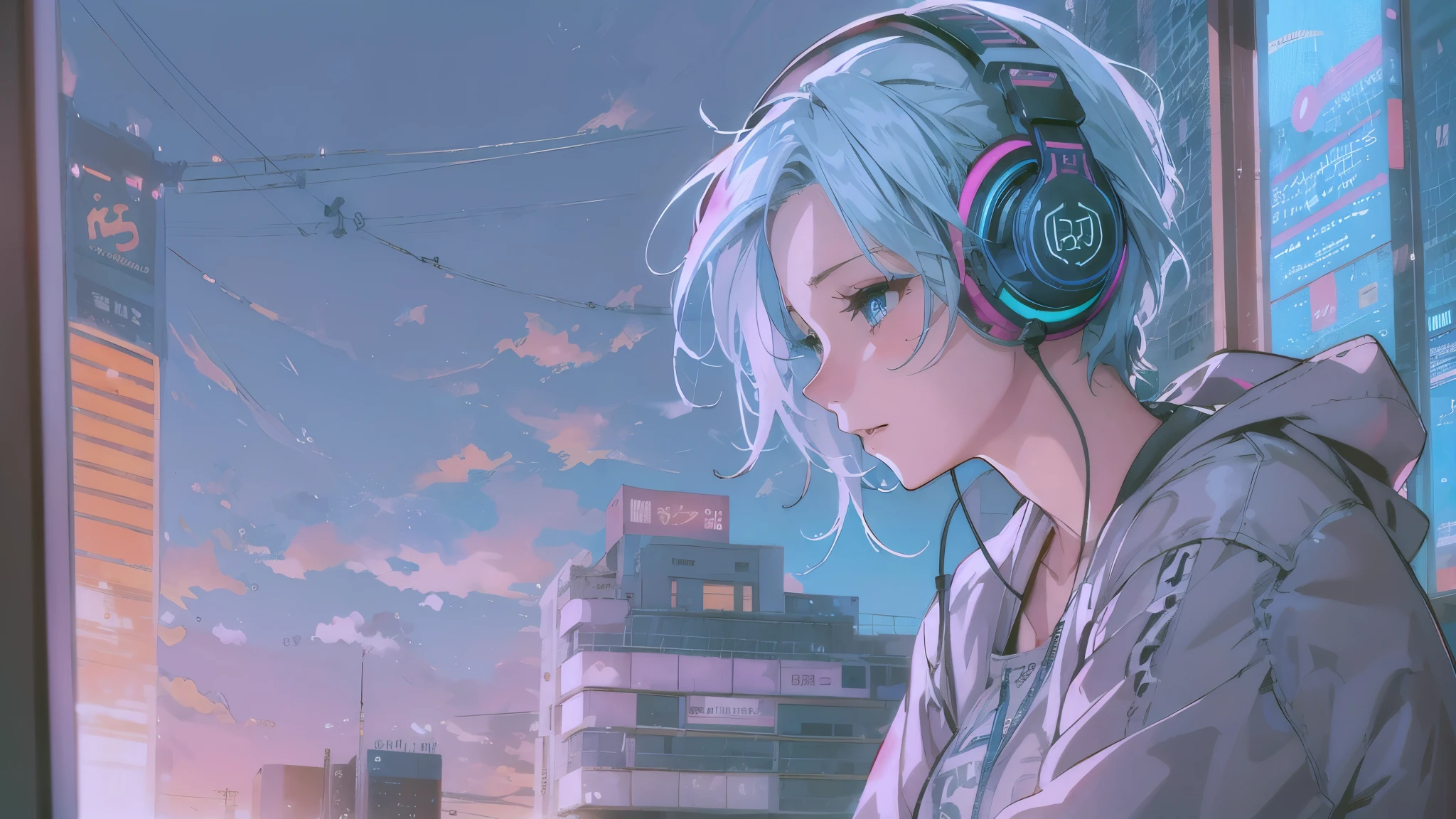 Room on the top floor of a skyscraper　Woman operating a computer、sit on a chair　blue hair、blue eyed girl、The blue sky spreads out from the large windows、Profile of a woman looking out the window。woman is wearing headphones 4k, sad,、Bowater&#39;s art style、beautiful digital illustrations、beautiful character painting、Stunning Anime Face Portrait Mikudayo, official artwork, lofi girl, praise art style,, halfbeak, anime atmosphere, Anime style mixed with Fujifilm, digital anime illustration, anime wallpaper 4k　Girl with headphones Blue haired woman　put on headphones;　At the desk　look at computer　girl&#39;s profile　details　high resolution　high quality　beautiful realistic sky　The sky is the main