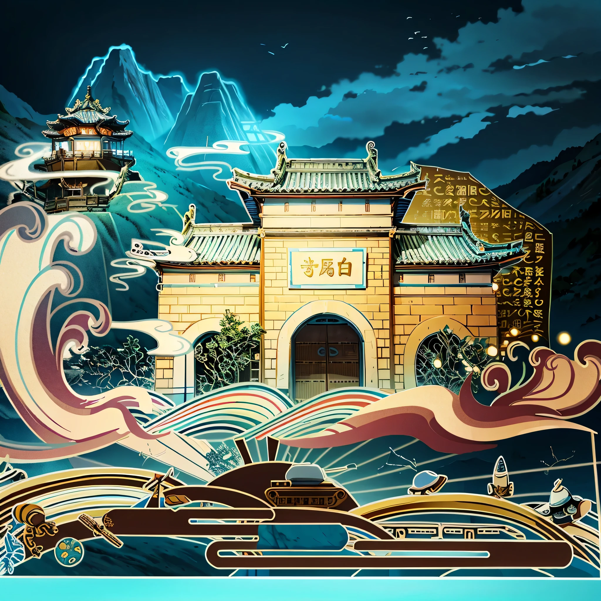 illustration style,Chinese architecture,sense of technology,temple,mountain peak,river,future technology,shrouded in mist,light blue,light golden color