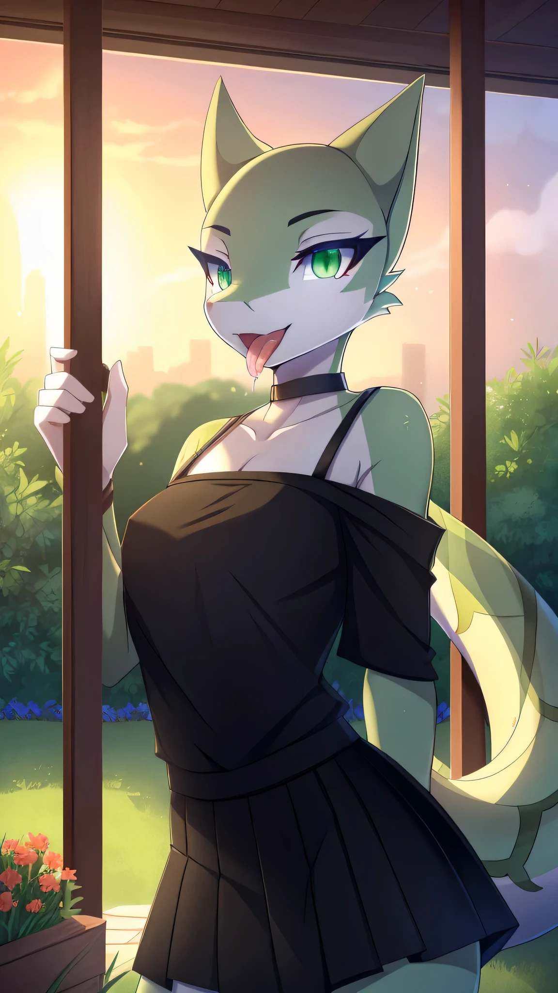 By zinfyuu on pixiv,by twistedscarlet60, uploaded on pixiv, by fluff-kevlar, (masterpiece), (best quality), (anthro furry:1.3, snout:1.2, anthro:1.3, furry:1.2, solo female:1.2), (extremely detailed:1.3), (Detailed eye part: White lens, green iris,black cornea),nude, sfw, view on viewer, Slim body, green body, sweet smile, bald, snake body,snake face, snake tail, at garden