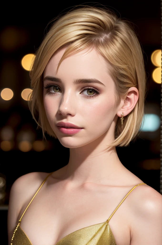 ((Emma Roberts exudes seduction)), (she sits in a dimly lit nightclub at the cocktail bar), ((her breasts are round and ample)), (small frame), ((highly detailed face)), soft film-like light, ((((cinematic style)))), (photorealistic), (ray tracing), (sharp focus), ((natural, realistic skin texture)), detailed face, intricately rendered lips, detailed eyes, double eyelids.