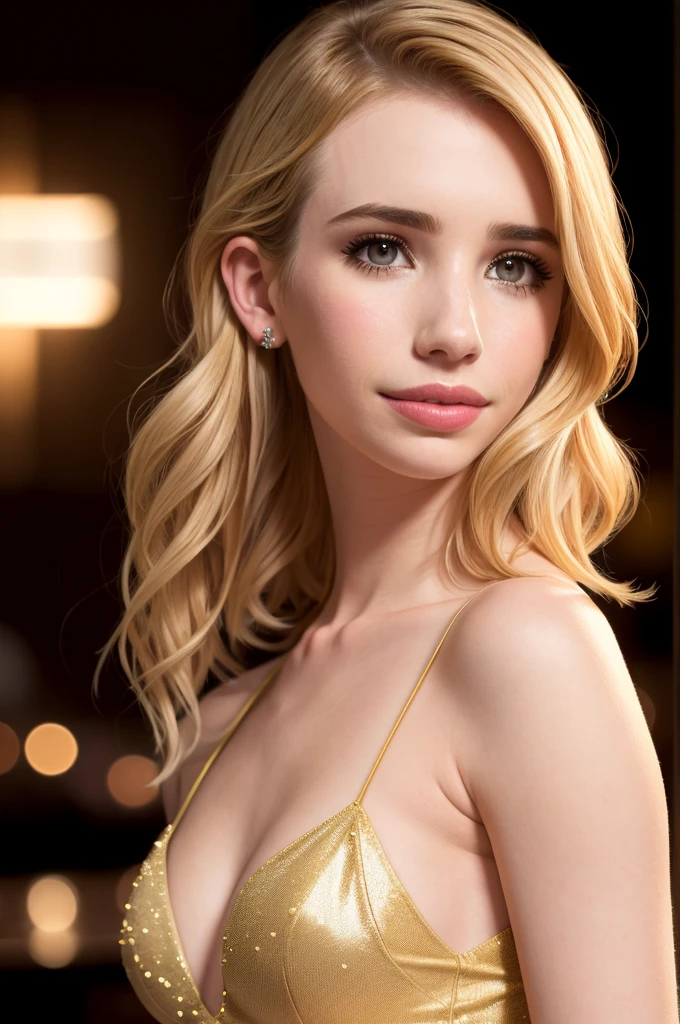 ((Emma Roberts exudes seduction)), (she sits in a dimly lit nightclub at the cocktail bar), ((her breasts are round and ample)), (small frame), ((highly detailed face)), soft film-like light, ((((cinematic style)))), (photorealistic), (ray tracing), (sharp focus), ((natural, realistic skin texture)), detailed face, intricately rendered lips, detailed eyes, double eyelids.