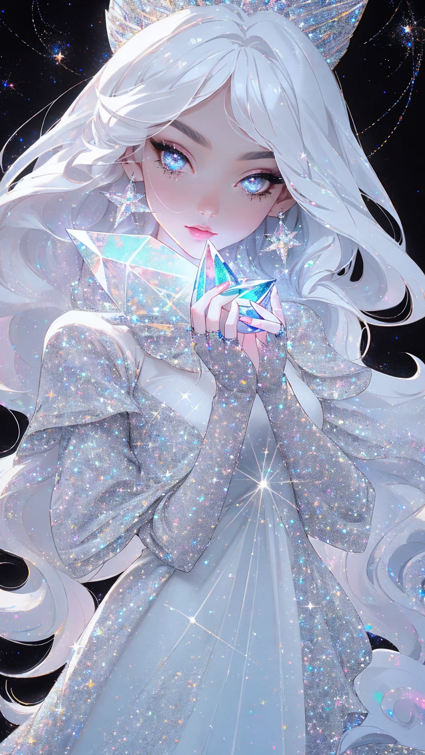 {-erro_de_anatomia:1.0} masterpiece, highest quality, (perfect face:1.1, (high detail)1.1, sweet stardust vampire , long soft white hair, opal eyes, perfectly drawn face, black dress, stars detailed background, prismatic lighting, glitter, whole bod., Very sexy, walking, holding a crystal star in her hands, 
