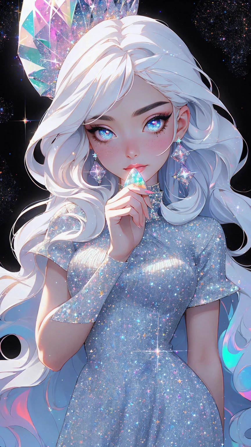 {-erro_de_anatomia:1.0} masterpiece, highest quality, (perfect face:1.1, (high detail)1.1, sweet stardust vampire , long soft white hair, opal eyes, perfectly drawn face, black dress, stars detailed background, prismatic lighting, glitter, whole bod., Very sexy, walking, holding a crystal star in her hands, 