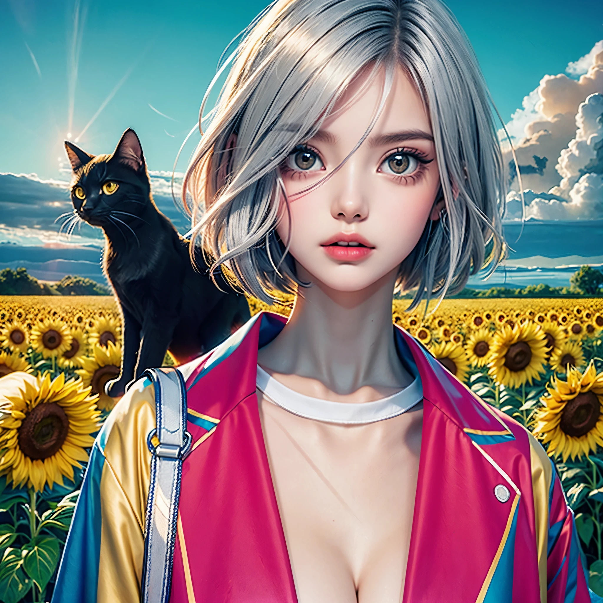 a girl, adolescente, com olhos amarelos, cabelos brancos, pele clara, corte nos ombros, vestindo um sobretudo amarelo, camisa preta sem estampa toda camisa preta, black pants without print, Shoulder straps all black, in the background a beautiful field of sunflowers , blue skies, um gato preto, estilo de capa de quadrinhos