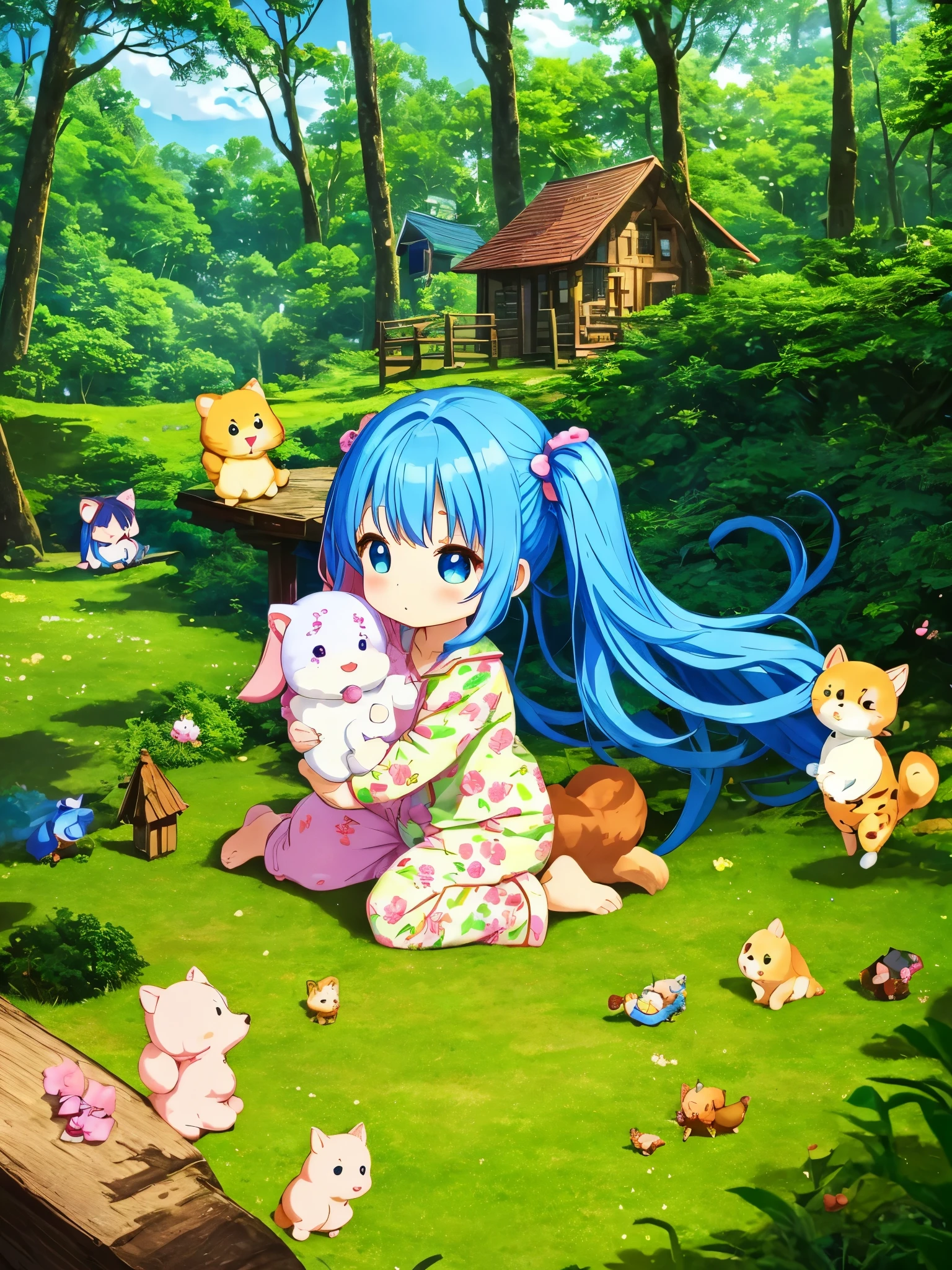 fairyland、Cute Chibi Chara、lots of cute animals、Chibi character wearing cute pajamas with a floral pattern、blue hair、long hair、twin tails、with my dog、log house in the forest、sweets forest