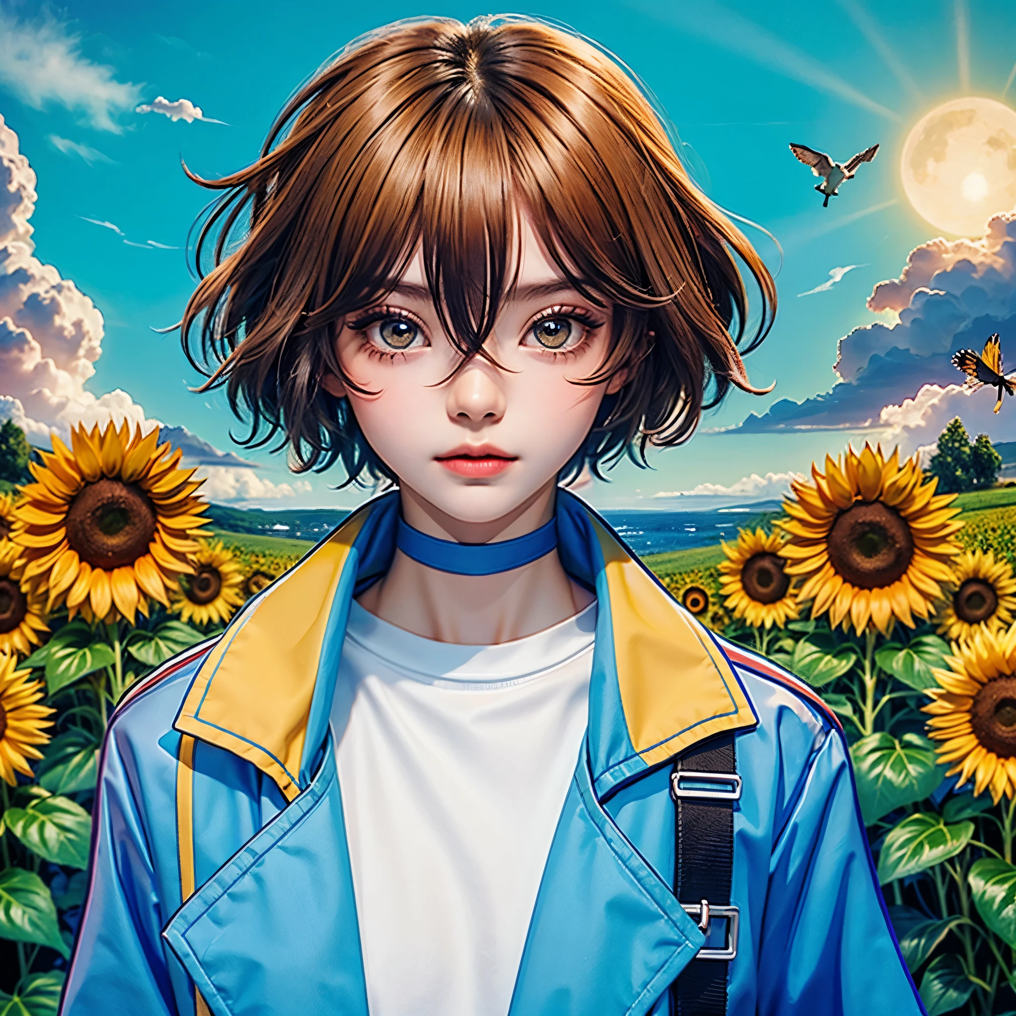 a girl, adolescente, com olhos amarelos, cabelos brancos, pele clara, corte nos ombros, vestindo um sobretudo amarelo, camisa preta sem estampa toda camisa preta, black pants without print, Shoulder straps all black, in the background a beautiful field of sunflowers , blue skies, um gato preto, estilo de capa de quadrinhos