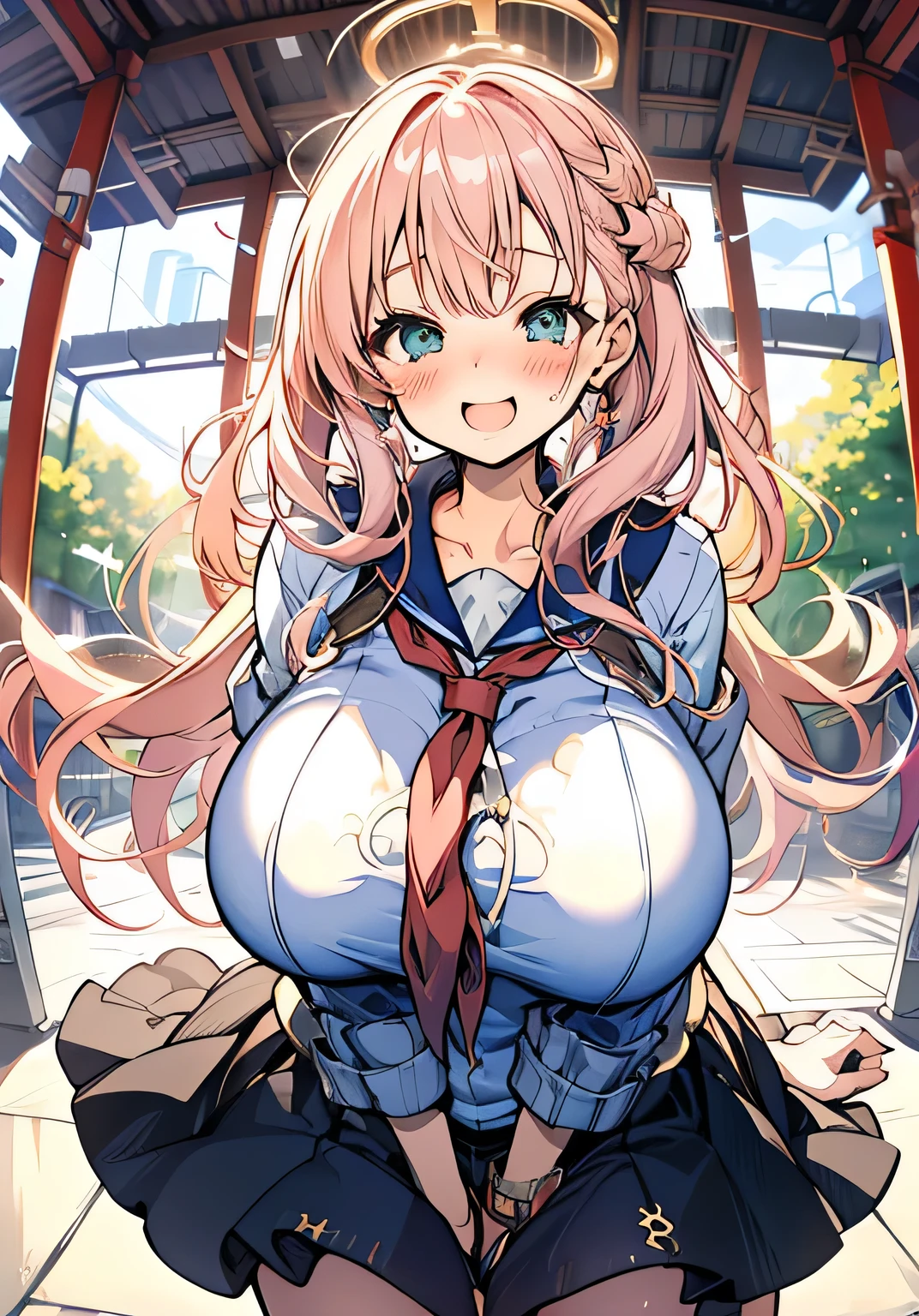 Erotic Anime Illustration、best image quality、A plump dark-skinned high school girl seduces at a shrine、sailor suit、perfect proportions、Overwhelming huge breasts that go beyond common sense、thick legs with fat、cowboy shot、blush and laugh、spread your legs、Ahegao