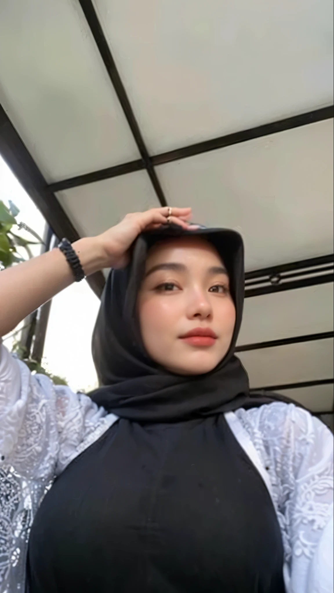 masterpiece, (ultra-high-definition portrait, vignet:1.4), Realistic, extremely detailed, CG unified, 8k, Clean lines, highly detailed, High-definition, raw color photos, she is smiling, Realistic portrait, Cinematic Light, Beautiful detailed, (1hijabgirl, indonesian:1.5), (165cm tall, big breasts with lips like she wants to kiss:1.5), Beautiful big breasts, breasts details, very tight, (Biggorgeous breast, Serious Face:1.5), (Serious Face, Big Breast:1.4), Close up of a girl in Beautiful clothes with errected nipple, biggorgeous breast, Soft smile, scarf, (Bombastic Side Eyes with curvaceous body:2), pose 4 of 1 6, Undress, No bra, (nipples that are clearly sticking out detail:1.2), Outdoors, high intricate detailed.