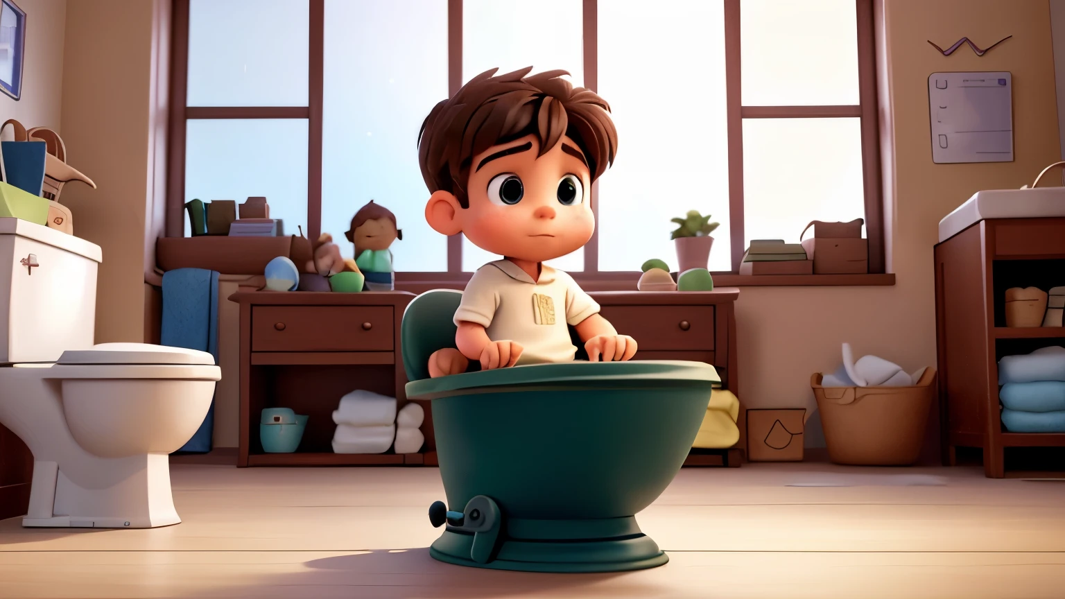 Prompt:
"I will create a little story based on the images I will request. Generate a sequence of 6 images, all featuring the face of the same little boy, to continue the story."

Image Descriptions:

The little boy sitting on the potty, concentrated and determined.
