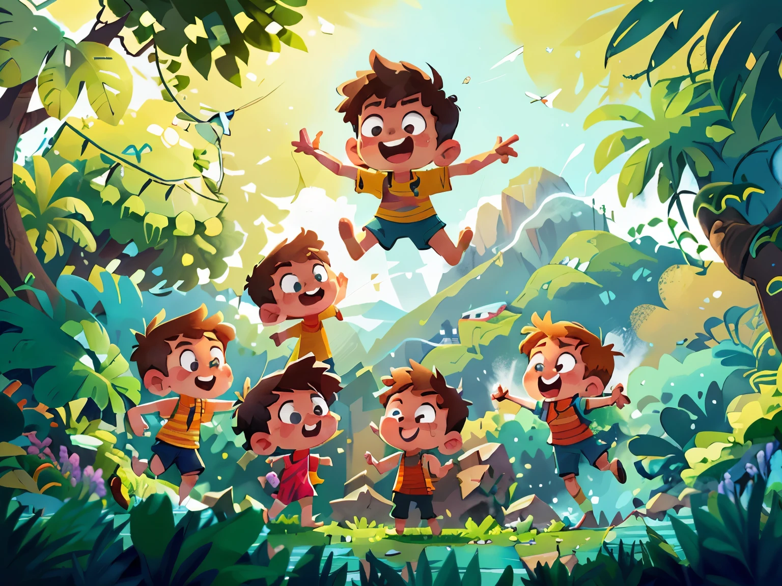 Poster design, (SFW), four children boys jump with mountain behind, fine facial features, summer, happy, water fight, background is interspersed in yard in front of the moutain, plants, perfect quality, clear focus, colorful, perfect face, intricate details, ultra low viewing angle, wide angle lens, childrens illustration, children illustration, cute artwork, kids book illustration, inspired by Anton Fadeev, illutstration, artistic illustration, promotional art, having good time, summertim