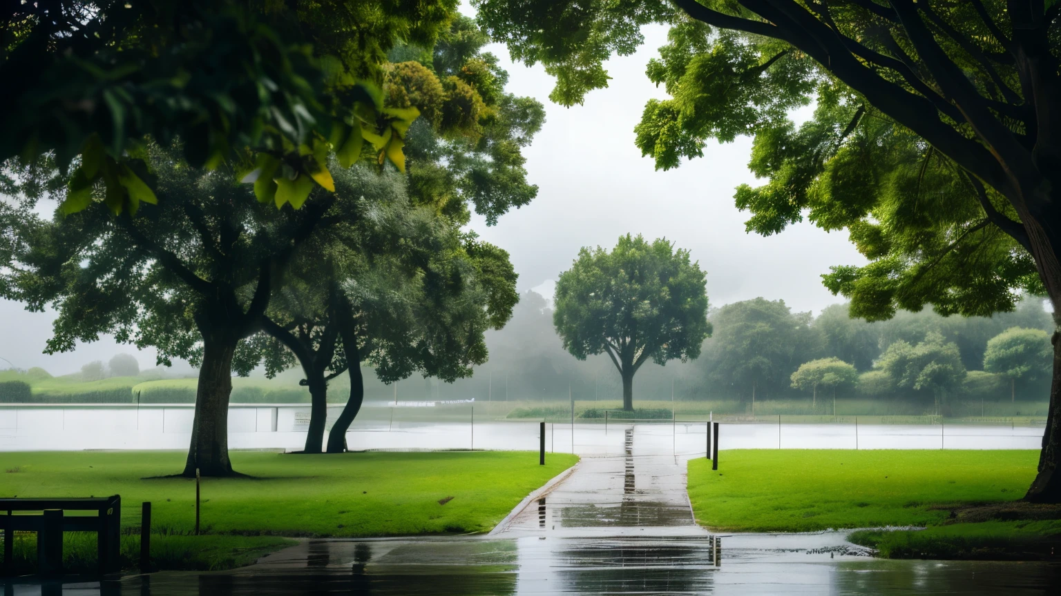 heavy rain in a park with a big tree in the center, wet environment from the rain, cloudy sky, clear high resolution 4k image