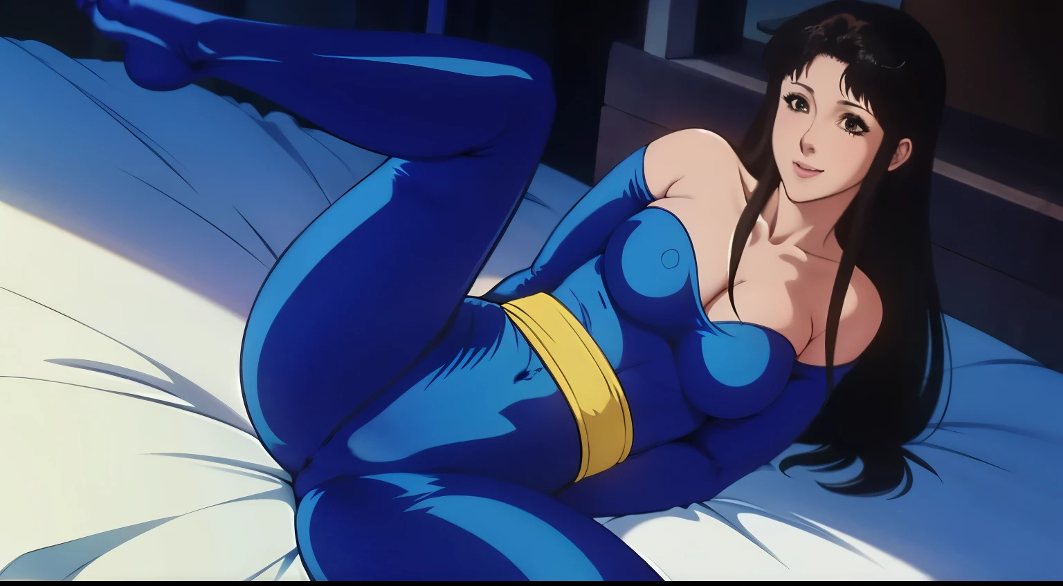 blue bodysuit,off shoulder, Yellow sash,spread your pussy、embarrassing、smile、whole body、8ｋ、high quality、long hair、expensive、thin、Beautiful woman、beauty、Lower body naked,spread your legs、Hitomi Kisuo,lots of hair,pretty eyes、brown eyes、black