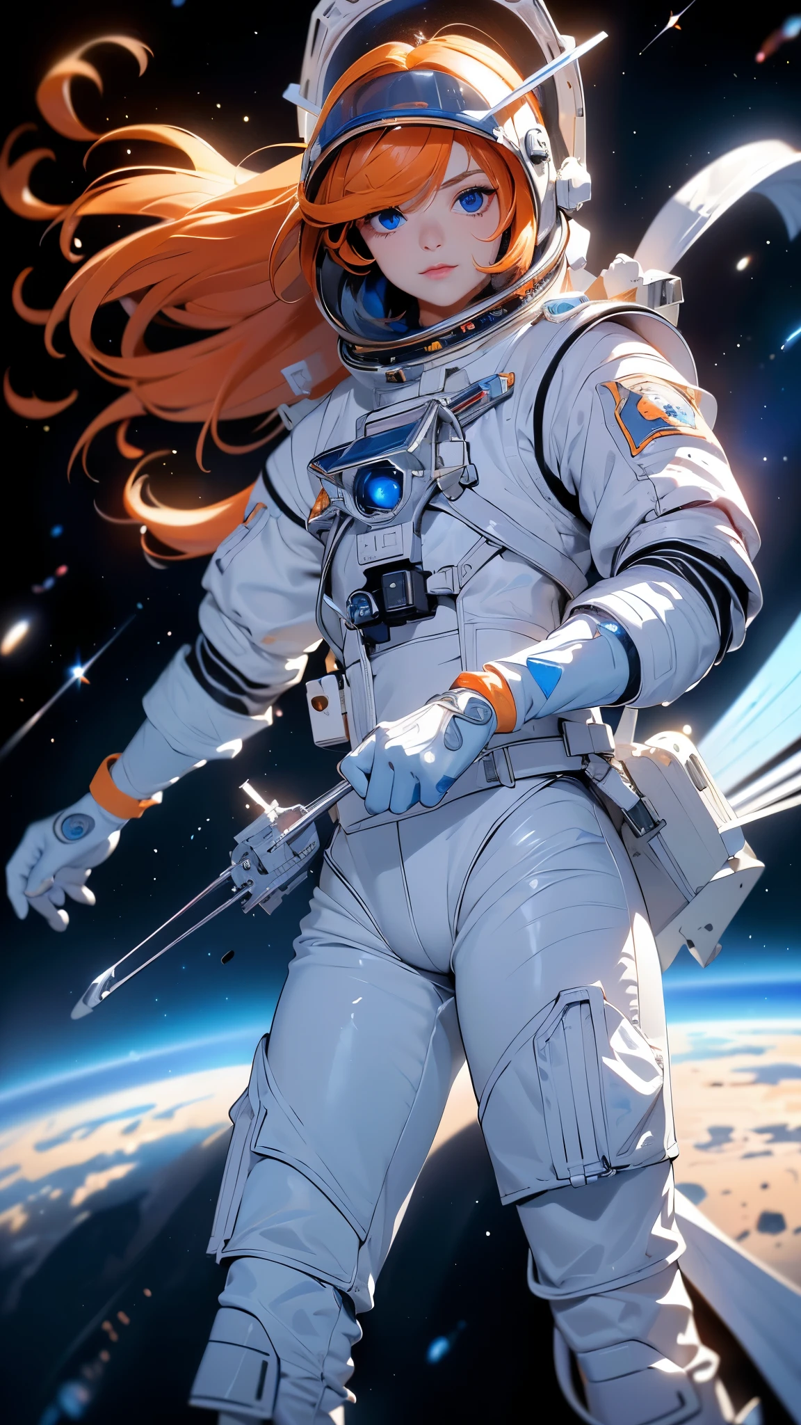 (La mejor calidad,A high resolution,Ultra - detallado,actual),Ariana Grande,(casco integral naranja vidrio :1.4) ,(cabello corto white canoso :1.4) (face visible through helmet:1.4 ) ,Traje de cuerpo blanco,armadura pesada naranja,tiro de vaquero,(on the space station:1.4 ) ,Science fiction,ultra detallado,sharp focus,aesthetic,(Mejor calidad), (ojos hermosos azules :1.4), (perfect anatomy:1.4 ), (ciborg astronaut white :1.4)