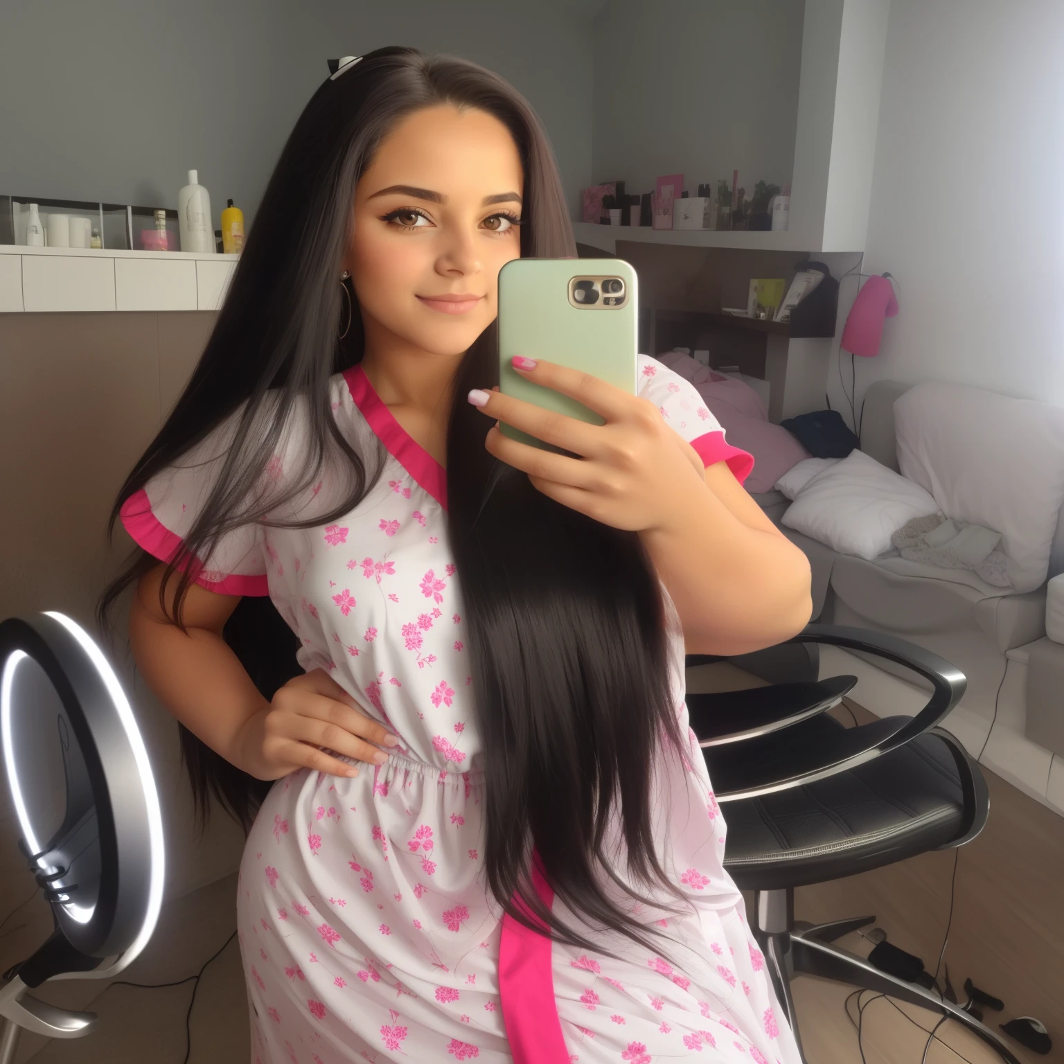 mulher arafa com vestido rosa e branco tirando uma selfie, extremely cabelo longo, very cabelo preto comprido, Her hair is long and straight, with cabelo longo, very long and flowing hair, girl with super cabelo longo, extra cabelo longo, with cabelo preto comprido, cabelo longo ， cor cheia, female with cabelo preto comprido, cabelo preto comprido, very cabelo longo