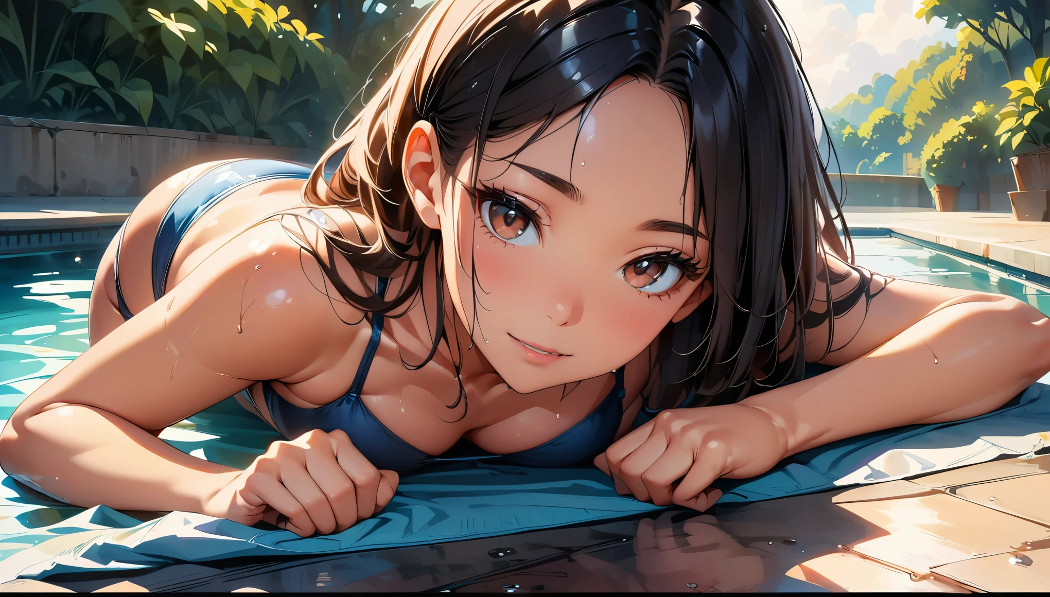 concept:beautiful woman portrait。 quality:NSFW, (最高quality, 4k, High resolution, masterpiece:1.2), Super detailed, (anime style, photorealistic:1.37), lighting effects:cinematic light, Bright colors and mesmerizing effects, soft and delicate illumination, gentle shine, Lens flare, The whole scene has a beautiful and gentle atmosphere., Subject information:alone, ((young woman)), (round eyes), (small face), (high detail skin:1.2), long eyelashes, glossy lips, (black hair, long hair, reddish brown eyes), (slim body shape), Highly detailed face and skin texture, (Joyful), (sexy bikini), droopy eyes, lying down, wet body, seductive thighs, Other details:Poolside:1.5, beautiful skin, shiny skin, perfect fingers, five fingers, anatomically correct, background bokeh, 300㎜, f/4, photo shoot,