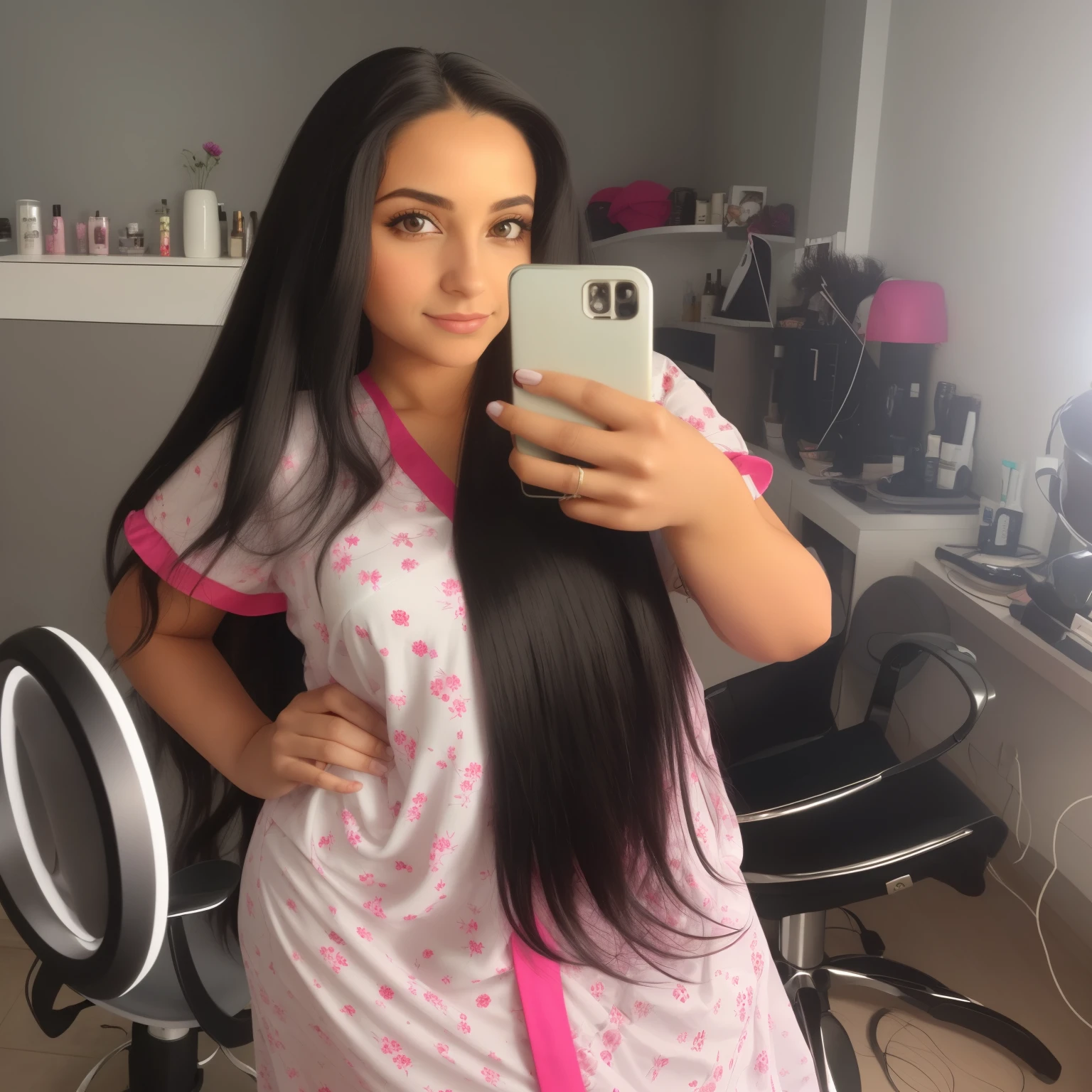 mulher arafa com vestido rosa e branco tirando uma selfie, extremely cabelo longo, very cabelo preto comprido, Her hair is long and straight, with cabelo longo, very long and flowing hair, girl with super cabelo longo, extra cabelo longo, with cabelo preto comprido, cabelo longo ， cor cheia, female with cabelo preto comprido, cabelo preto comprido, very cabelo longo