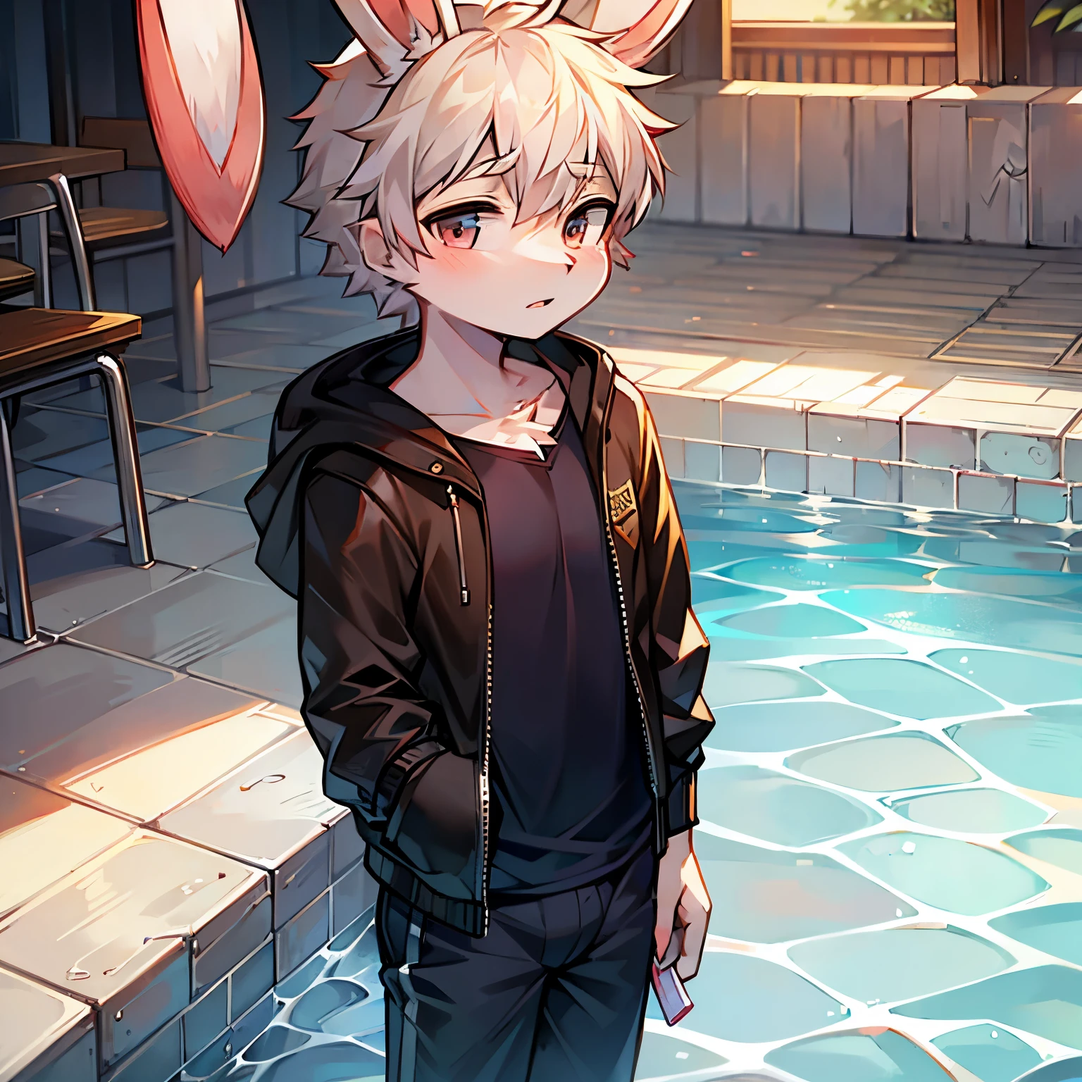 bunny boy,bunny ears,male focus,furry men,Characteristics of a three-year-old boy,short stature,Short sleeves with jacket,,Standing posture,swimming pool