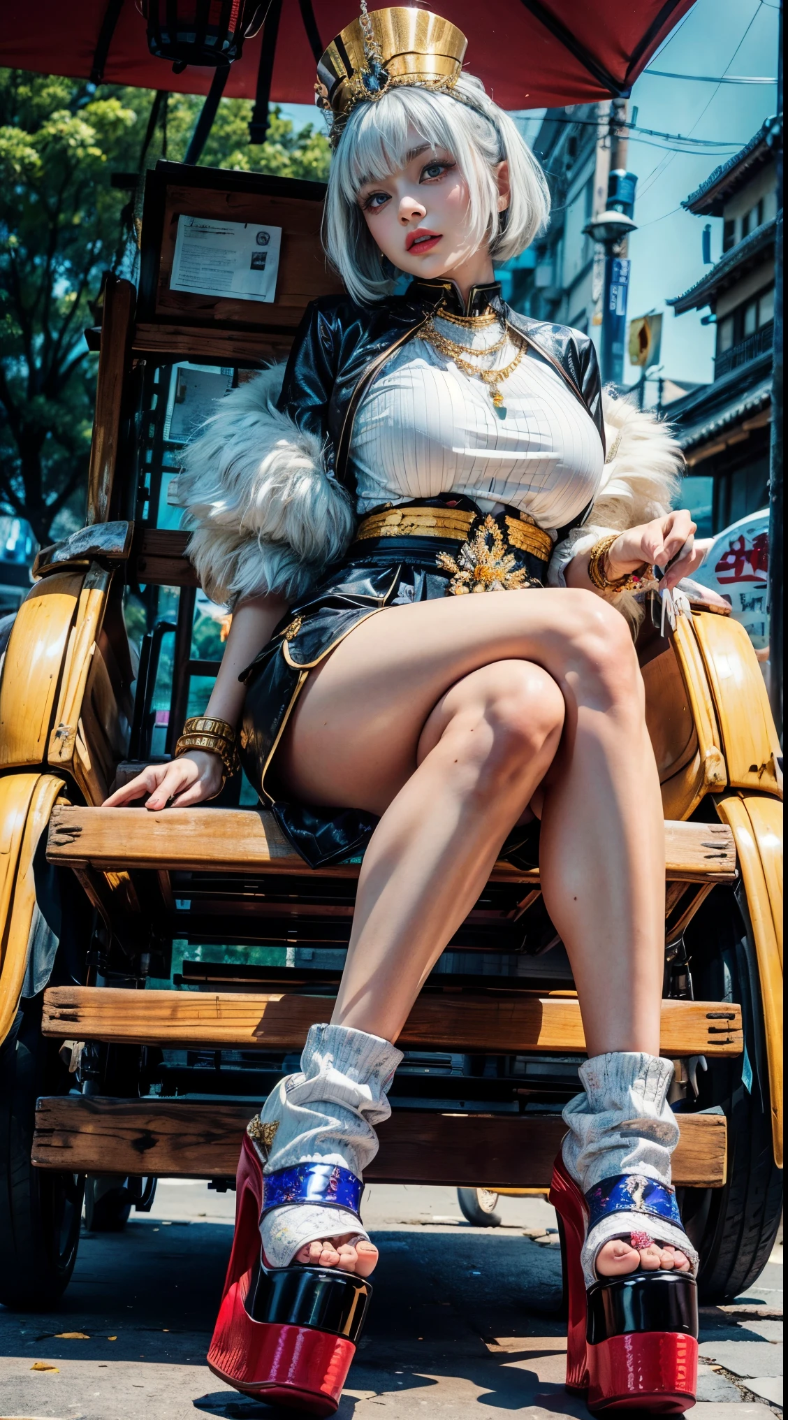 White-skinned pharaoh Tia rides a rickshaw,She has white hair and gray hair,look up,Wear platform shoes,Have bangs,intoxicated expression ,extravagant,She has short hair,Have a pair of big golden eyes,Wearing clothes full of jewels, wear shorts,very thick thighs,fair skin,White flowers,fat legs,soybeans, Japanese jewelry, thick and tight,legs crossed, morning, high-end, many details, Sharp mullet focus, actual.