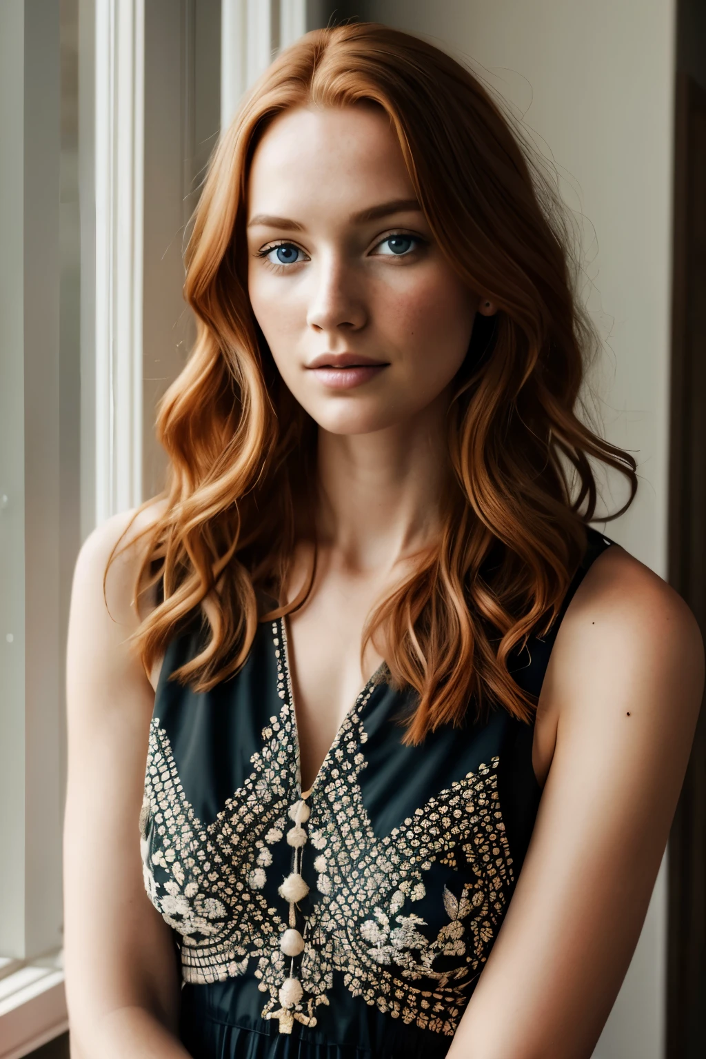 1girl in, age35, Solo, Aesthetic artwork, irish  redhead, wavy ginger hair, shoulder length ginger hair, gray eyes, light grey eyes, some small freckles, pale skin, A-cup, small breasts, runners body, (textured skin, skin pores:1.1), (moles:0.8), imperfect skin, goosebumps, sitting down having coffee, drinking coffee, (extremely detailed 8k wallpaper), soft lighting, high quality, film grain, Fujifilm XT3 sharp focus, f 5.6, 50mm, High Detail, Sharp focus,(natural light), in a black colored dress. A black sundress, floral pattern sundress, crazy details, complex details, hyperdetailed