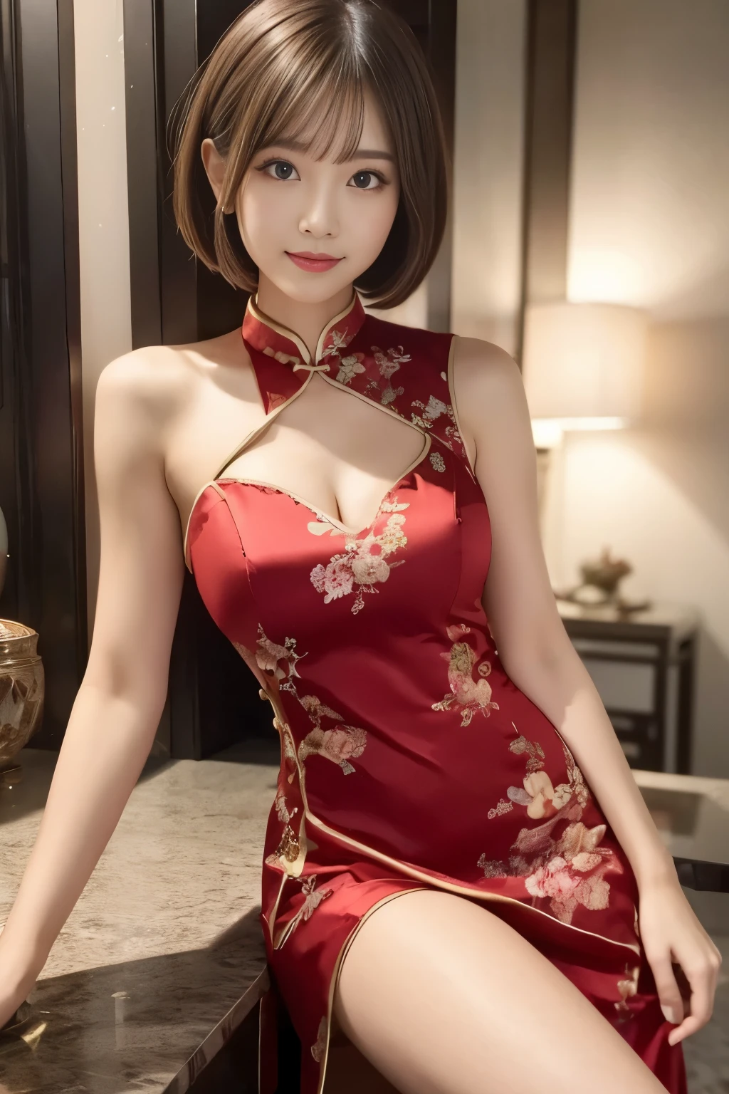 chinese dress:1.3, sexy legs, medium bob