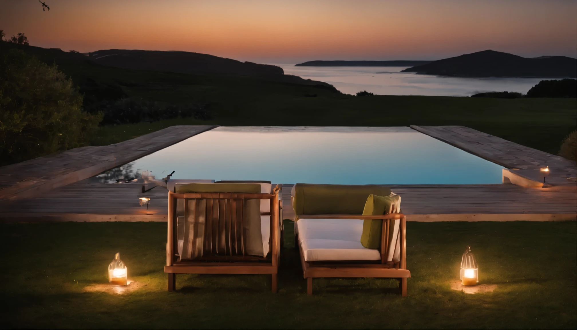 Commercial photography, real photography, movie style, photorealistic, 8K.
Calm, quiet night atmosphere. The stars are beautiful in the sky.
Py poolside in a stylish cottage by the sea with an infinity pool. Gaze out at the ocean with the moonlight reflecting over the pool.
Fantastic atmosphere, calming indirect lighting.
A relaxing space with candles on the table, books, and alcohol.