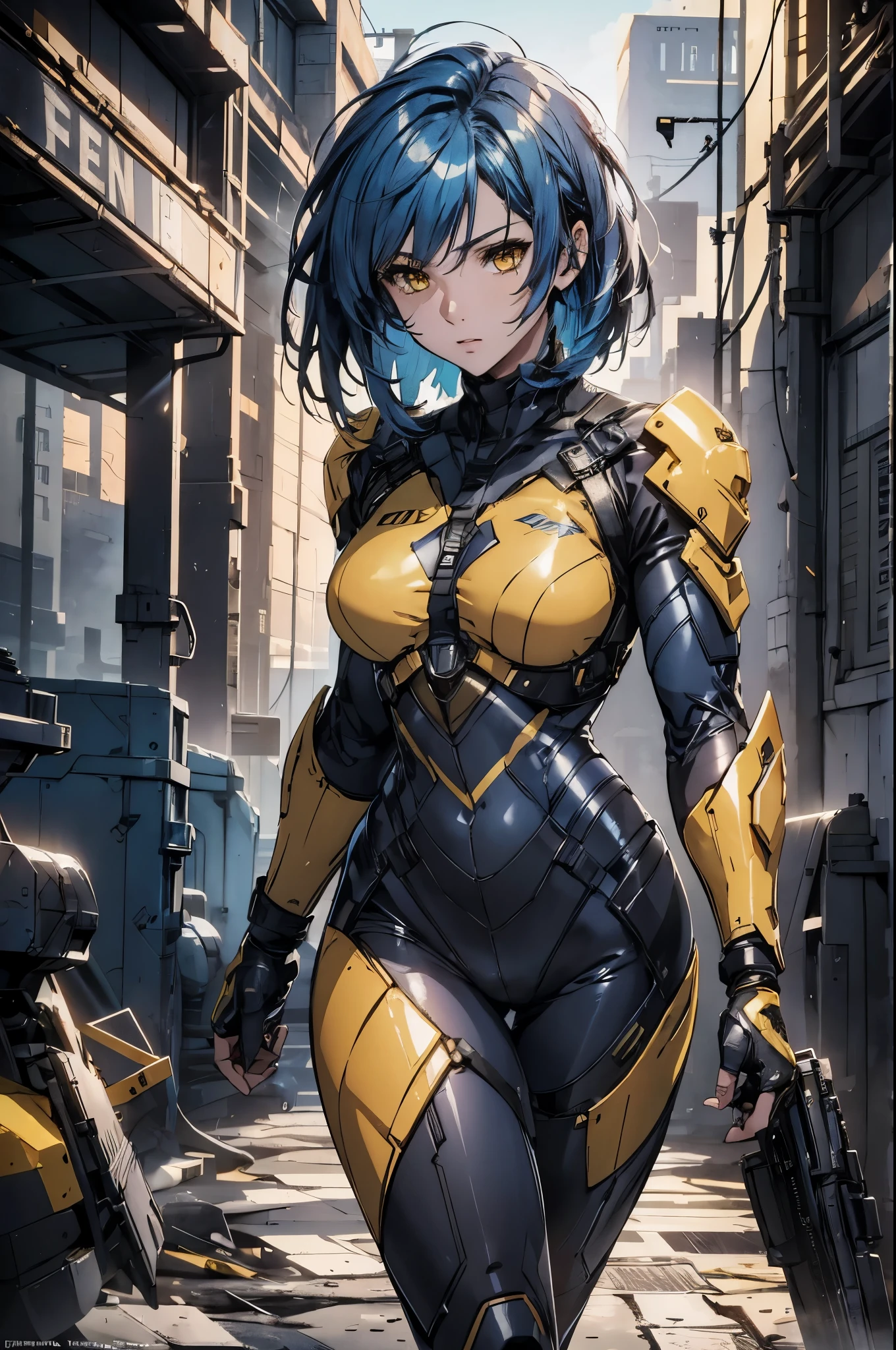 1female, blue medium length hair, yellow eyes, wearing modern combat suit, beautiful, model, ultra high resolution, best quality, 4k, official art, highly detailed, masterpiece