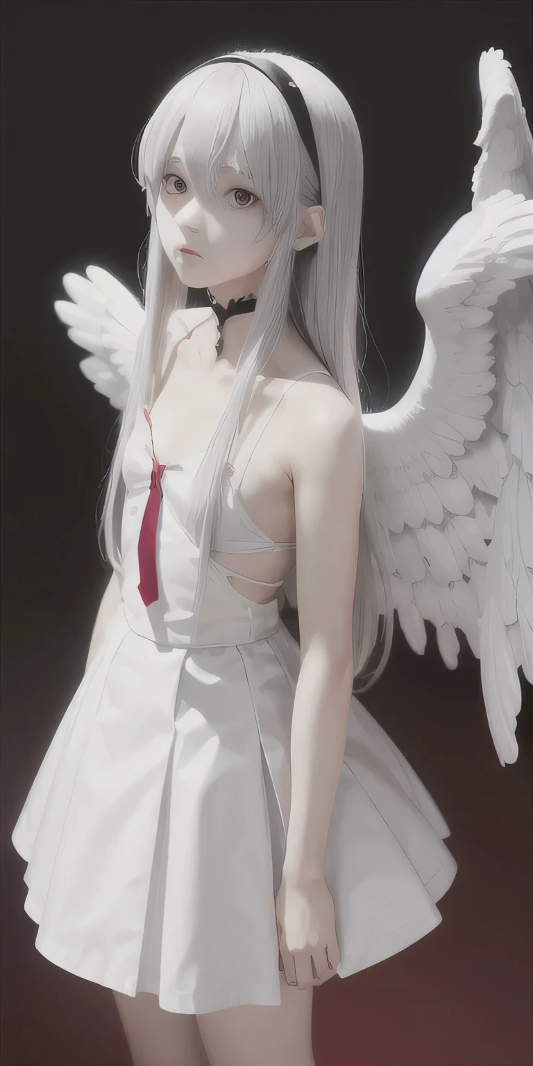 (Transparent white glossy skin, 20 year old cute beautiful face, Big eyes that shine in clear light blue, Beautiful straight super long natural blonde hair, long bangs, turn this way),angel wings,