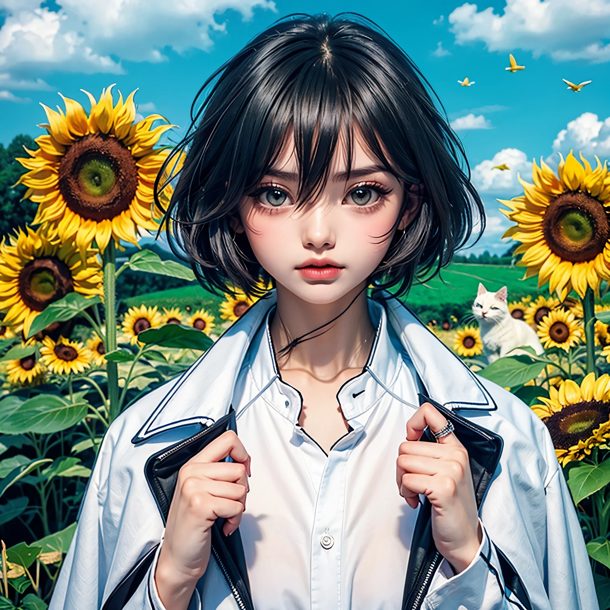 a girl, adolescente, com olhos amarelos, cabelos brancos, pele clara, corte nos ombros, vestindo um sobretudo amarelo, camisa preta sem estampa toda camisa preta, black pants without print, Shoulder straps all black, in the background a beautiful field of sunflowers , blue skies, um gato preto, estilo de capa de quadrinhos