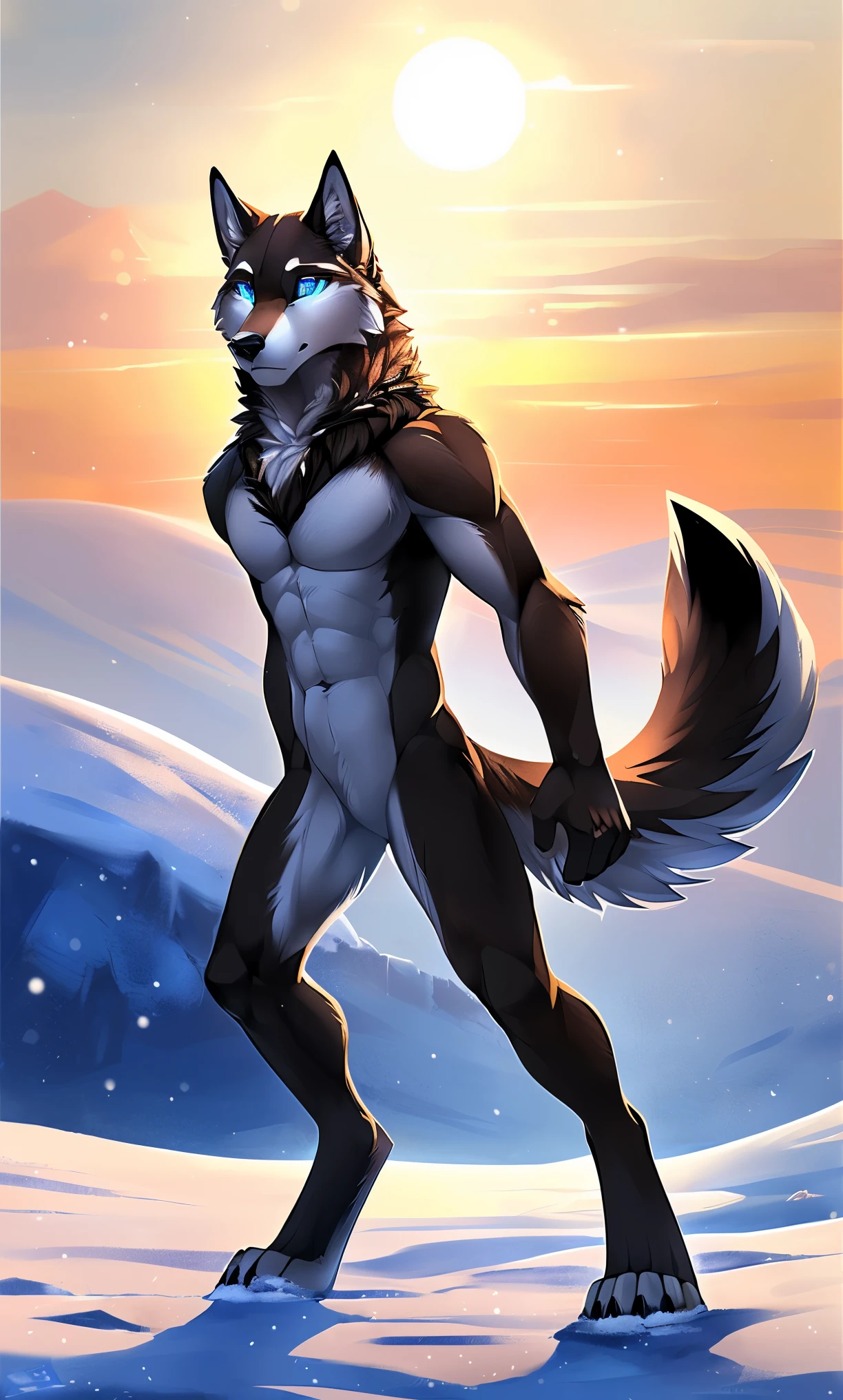 ((alone)), male, human wolf, (Multi-colored fur, White-brown:1.3,White tail pointed), (Height 2.1M,Tail length 1.2M), ((wolf face, big eyes, White eyelids, blue pupils, Slim:1.2) (difficult, Calm expression:1.2)), Slim, ping)), (correct anatomy), (winter clothing:1.1), Naked upper body, (detailed clothing),A long big tail,foot,(lifelike毛皮, Detailed fur texture, put on label:1.3)), (natural lighting), lifelike, surreal, Super detailed, by kenkert,snowfield,pass upright,Runs on