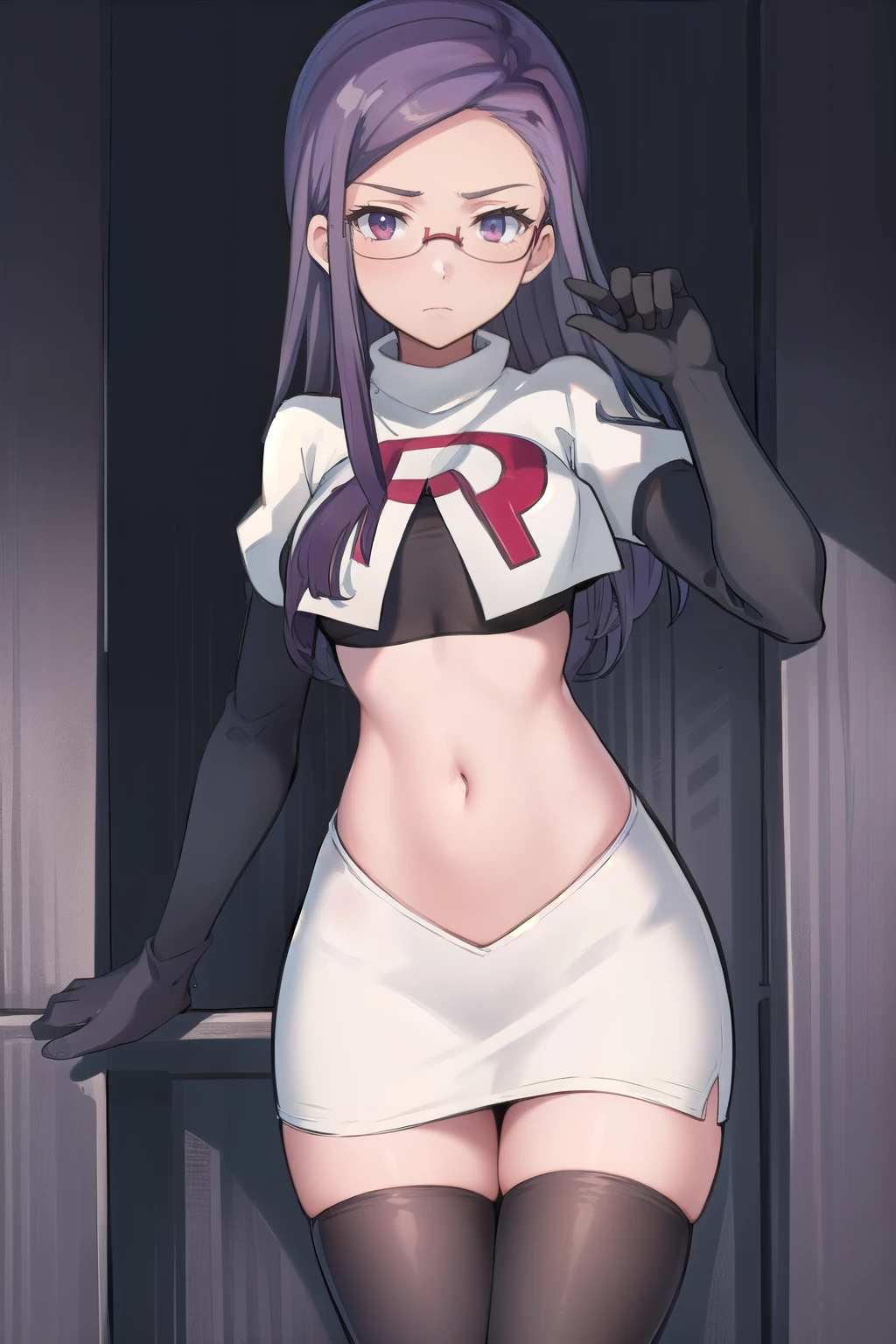 best quality, (masterpiece:1.2), illustration, absurdres, anime,
(1girl, solo), (beautiful detailed girl),
Ada Grant, purple hair, long hair, medium breasts,
glasses, team rocket,team rocket uniform, red letter R, white skirt,white crop top,black thigh-highs,black elbow gloves
 (looking at viewer)