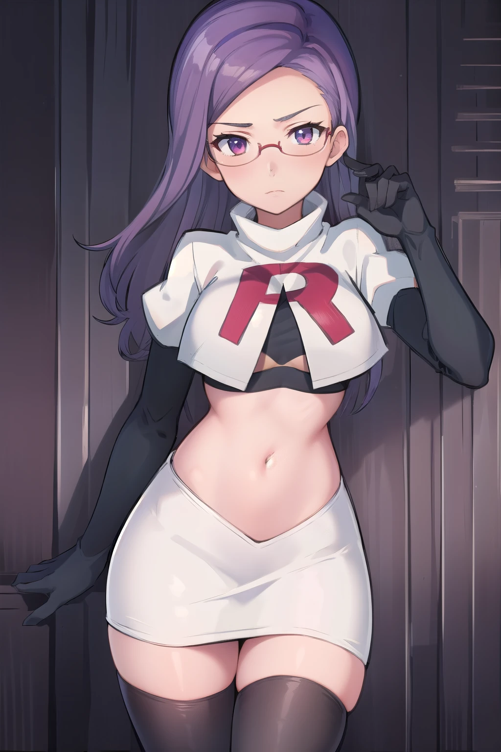 best quality, (masterpiece:1.2), illustration, absurdres, anime,
(1girl, solo), (beautiful detailed girl),
Ada Grant, purple hair, long hair, medium breasts,
glasses, team rocket,team rocket uniform, red letter R, white skirt,white crop top,black thigh-highs,black elbow gloves
 (looking at viewer)